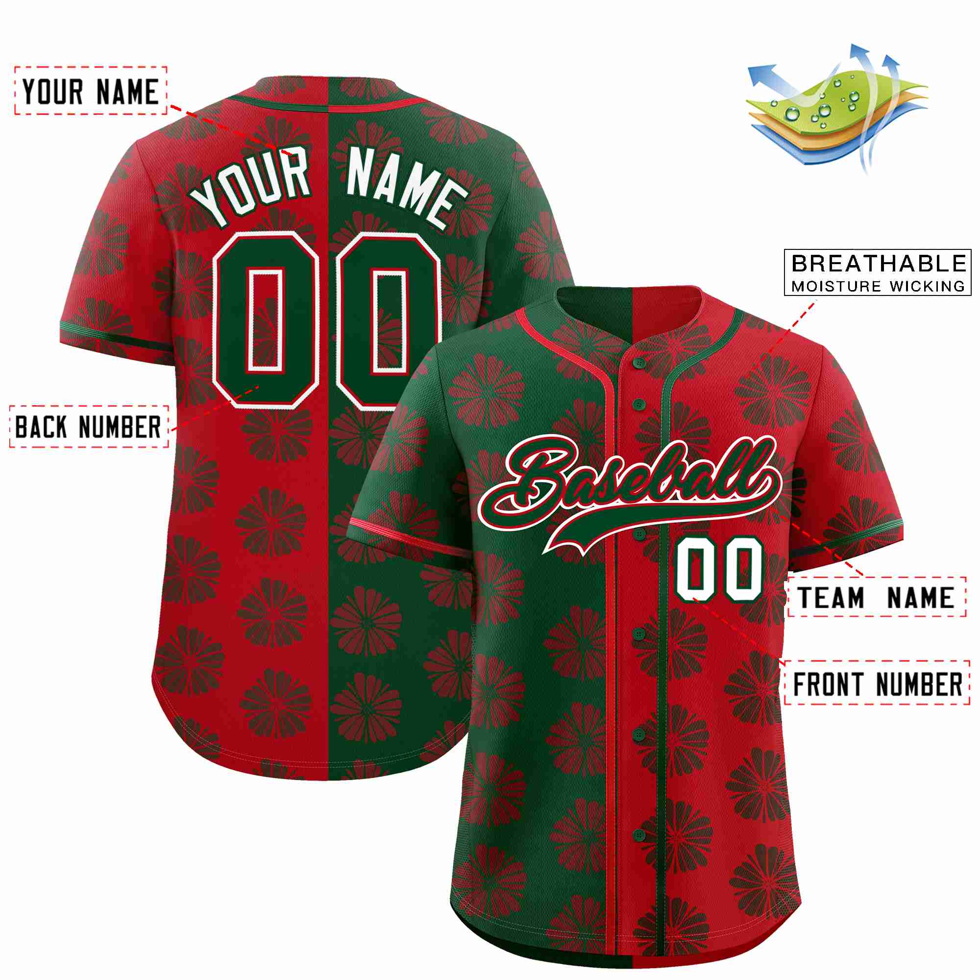 Custom Green Red Split Fashion Flower Graffiti Pattern Authentic Baseball Jersey