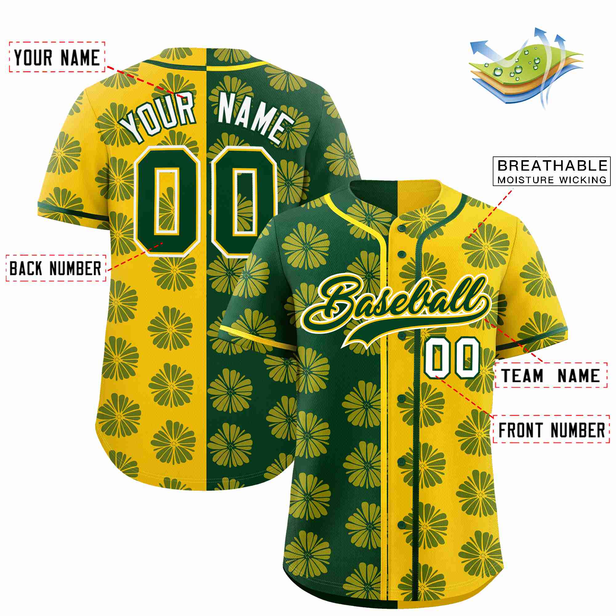 Custom Green Gold Split Fashion Flower Graffiti Pattern Authentic Baseball Jersey