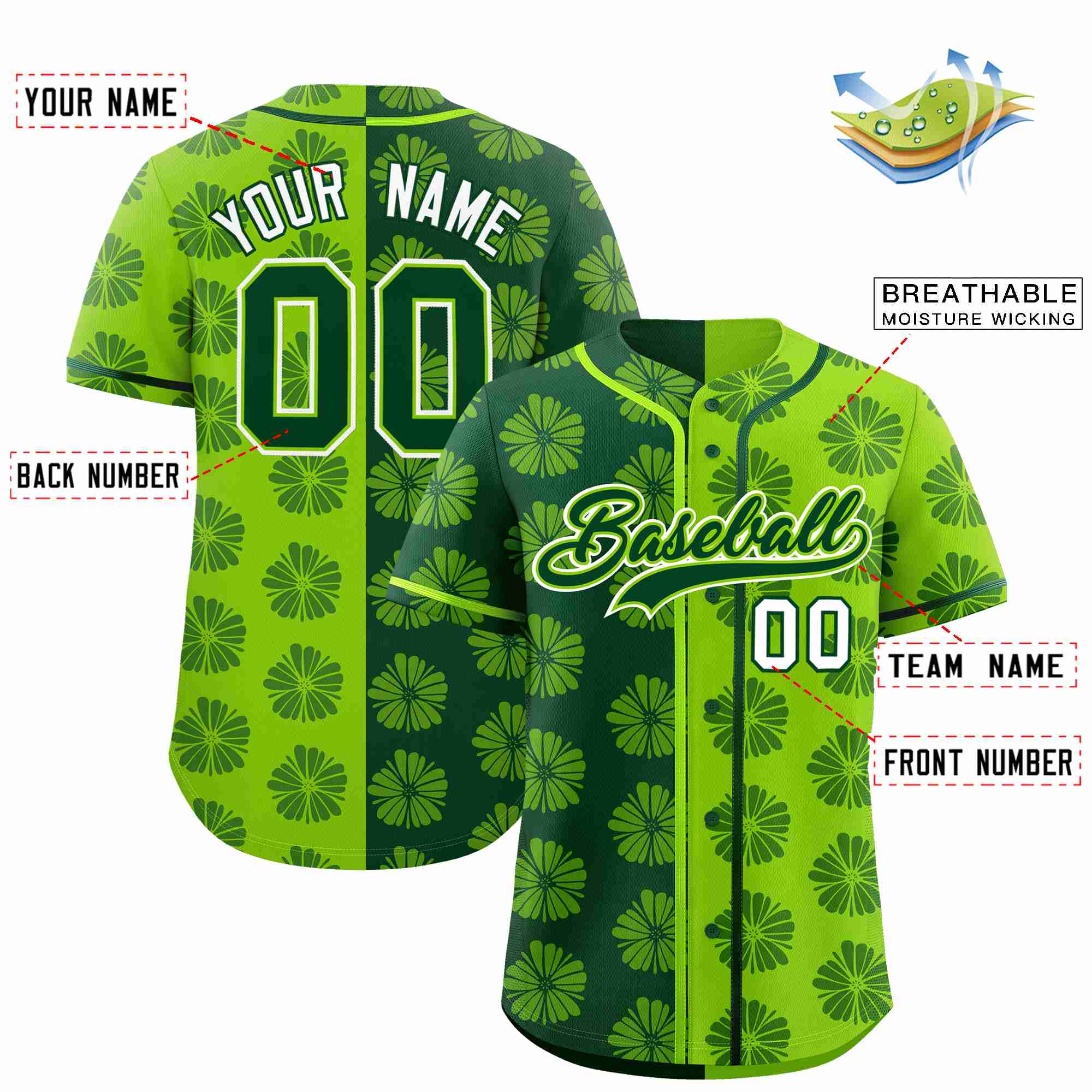 Custom Green Neon Green Split Fashion Flower Graffiti Pattern Authentic Baseball Jersey