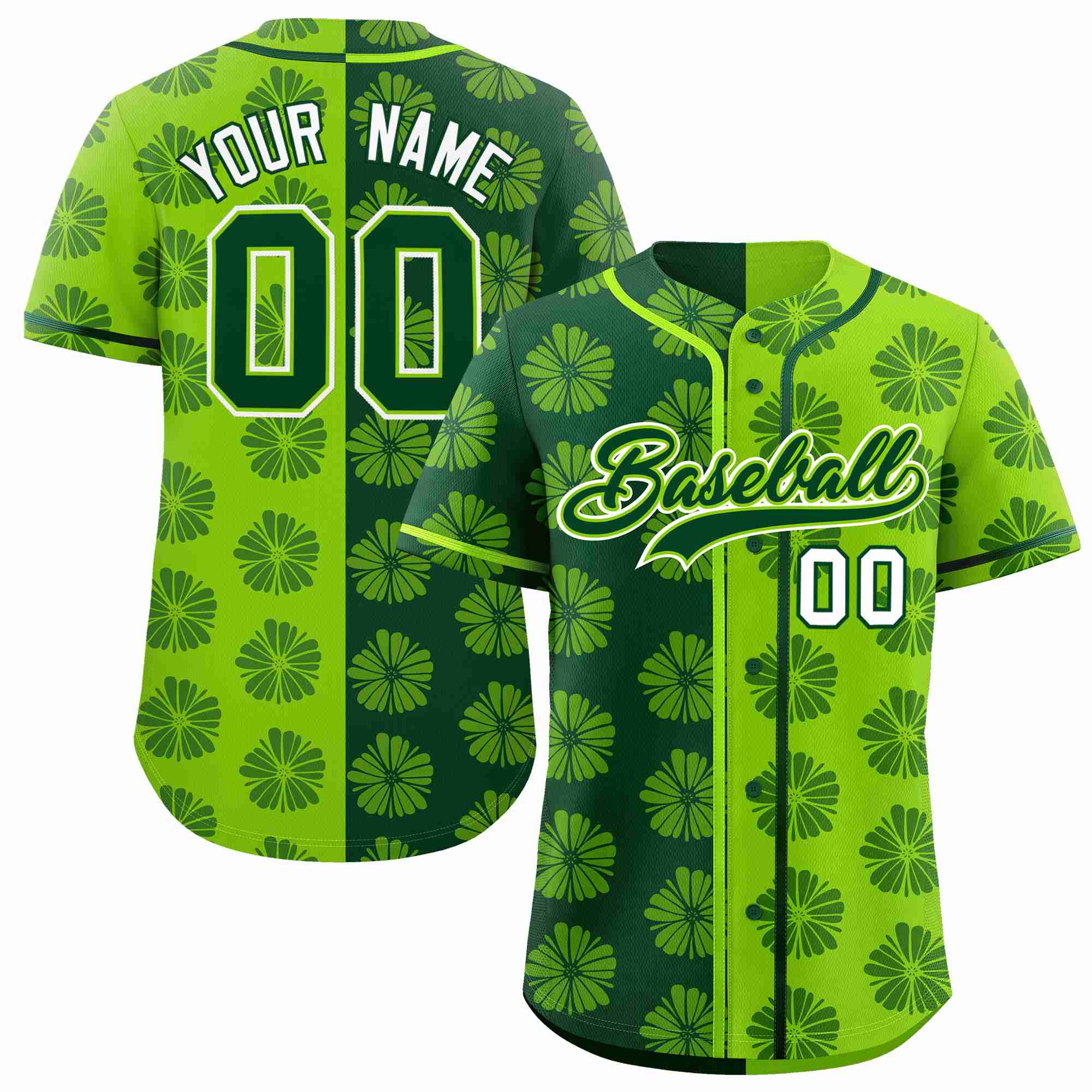 Custom Green Neon Green Split Fashion Flower Graffiti Pattern Authentic Baseball Jersey