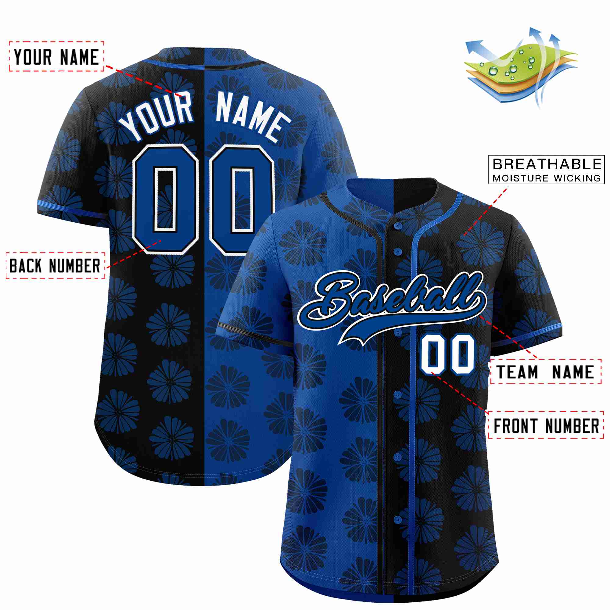 Custom Royal Black Split Fashion Flower Graffiti Pattern Authentic Baseball Jersey