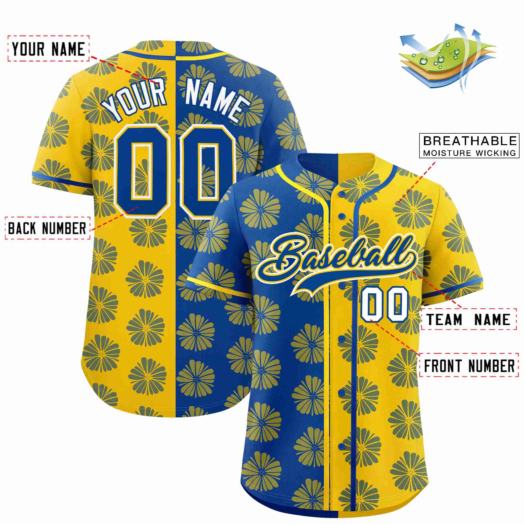 Custom Royal Gold Split Fashion Flower Graffiti Pattern Authentic Baseball Jersey