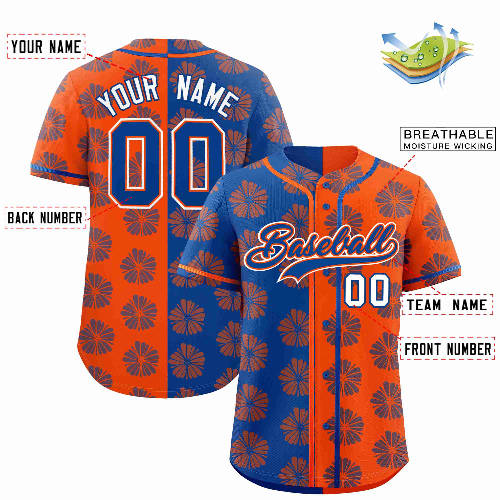 Custom Royal Orange Split Fashion Flower Graffiti Pattern Authentic Baseball Jersey