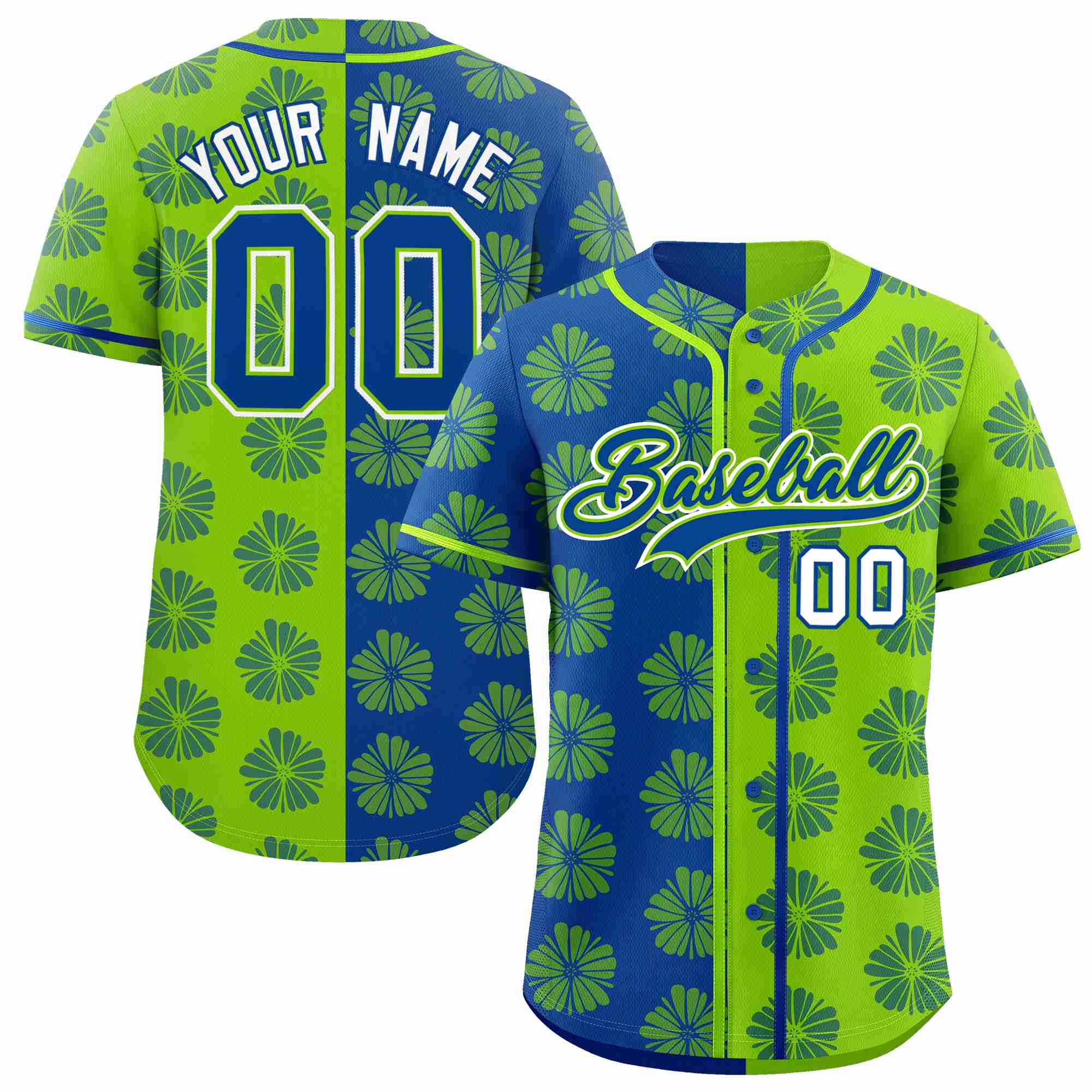 Custom Royal Neon Green Split Fashion Flower Graffiti Pattern Authentic Baseball Jersey