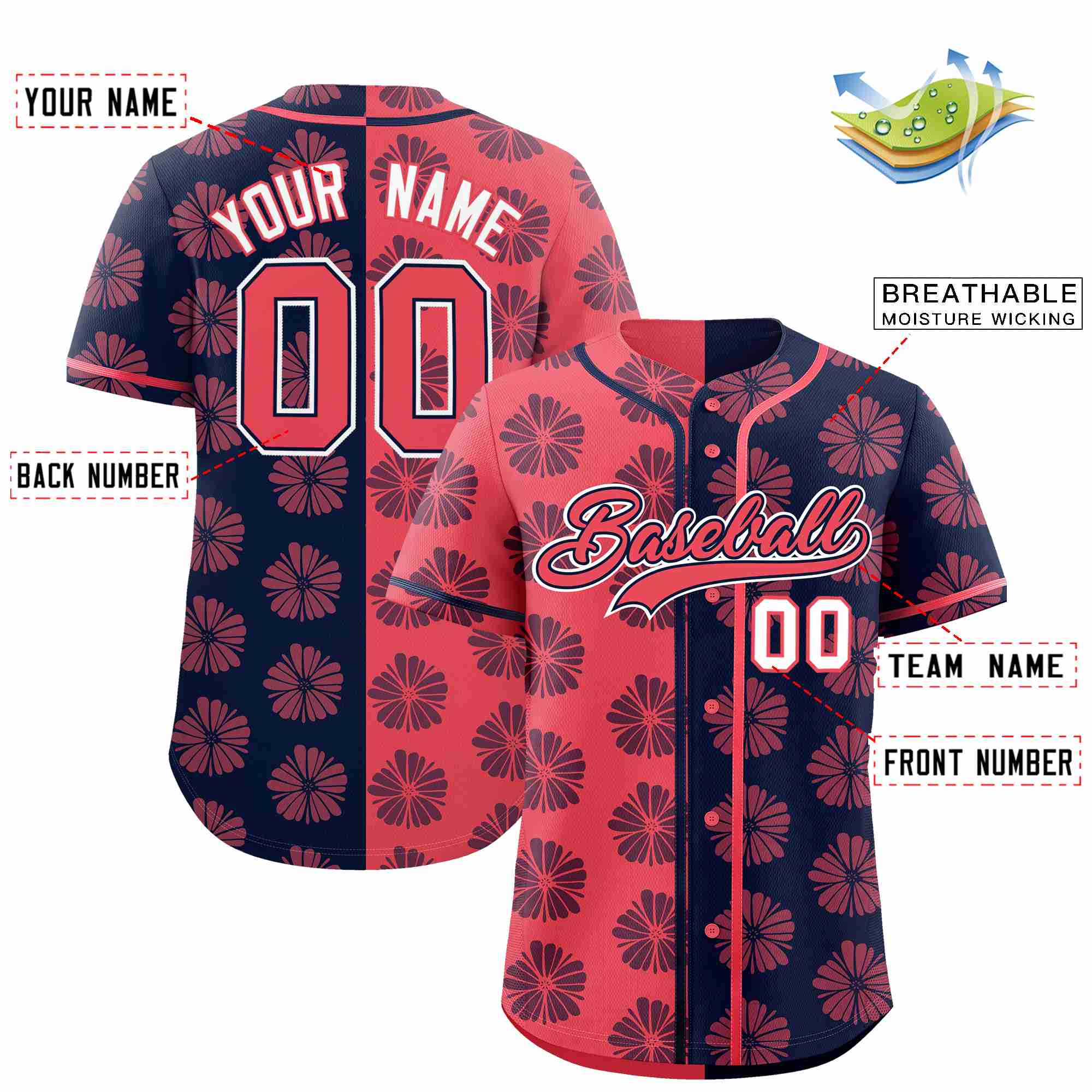 Custom Light Red Navy Split Fashion Flower Graffiti Pattern Authentic Baseball Jersey