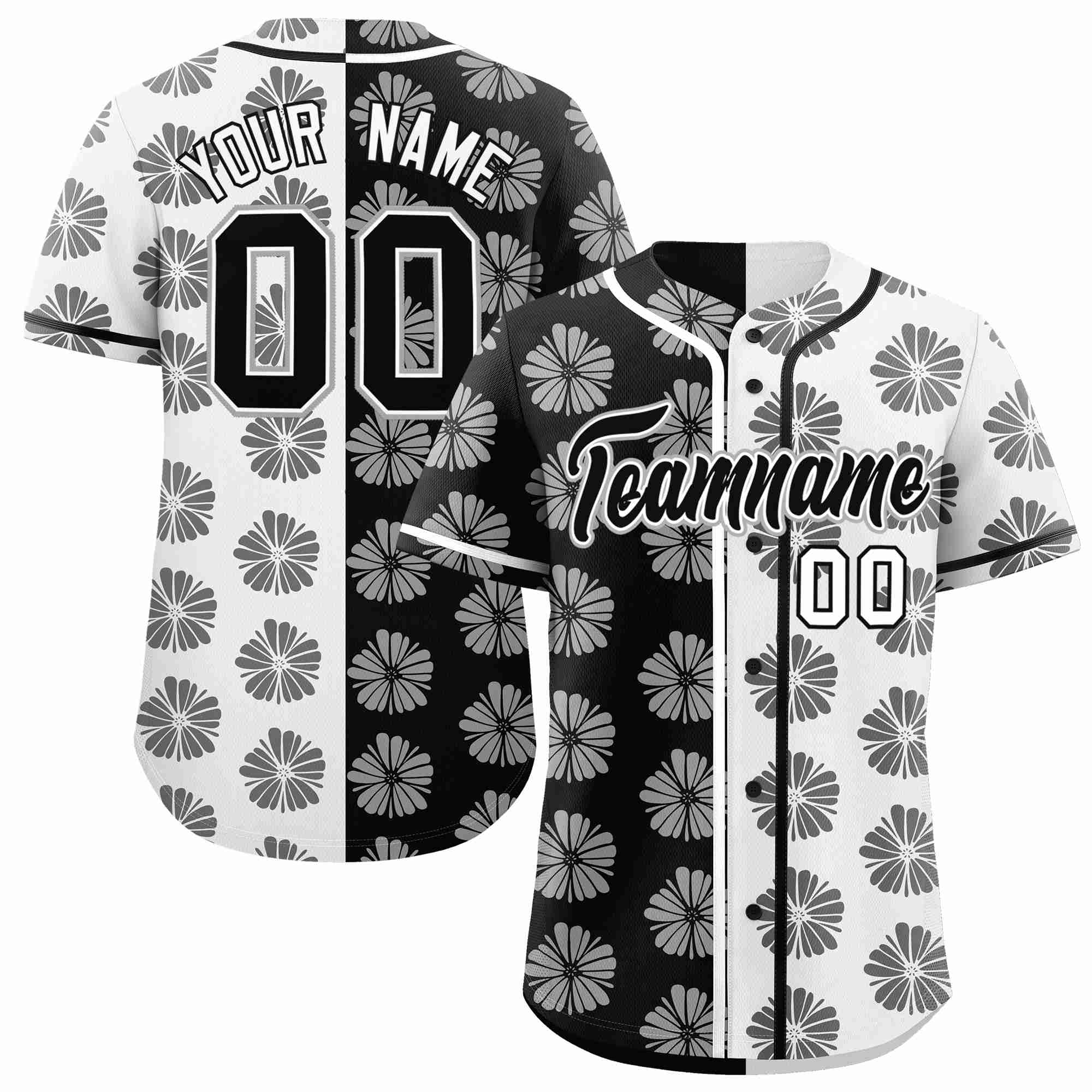 Custom Black White Split Fashion Flower Graffiti Pattern Authentic Baseball Jersey