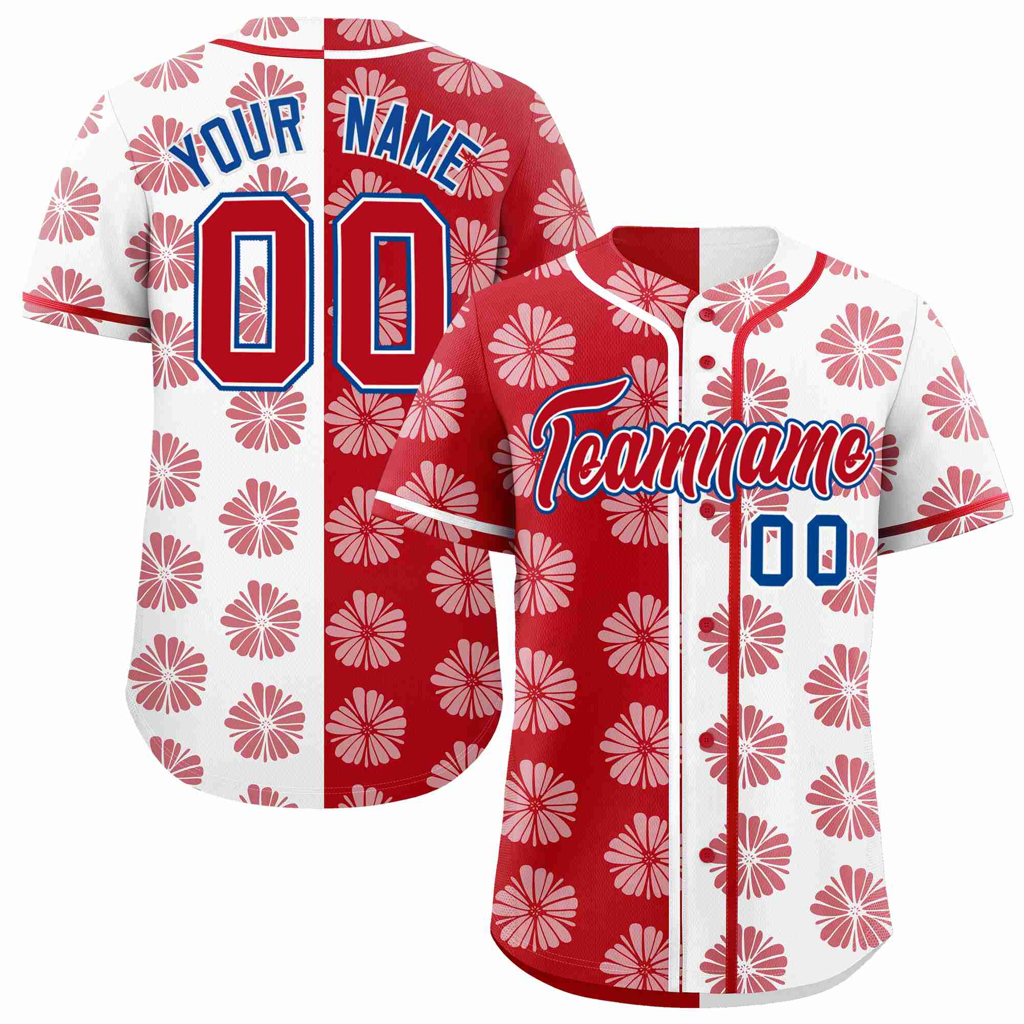 Custom Red White Split Fashion Flower Graffiti Pattern Authentic Baseball Jersey