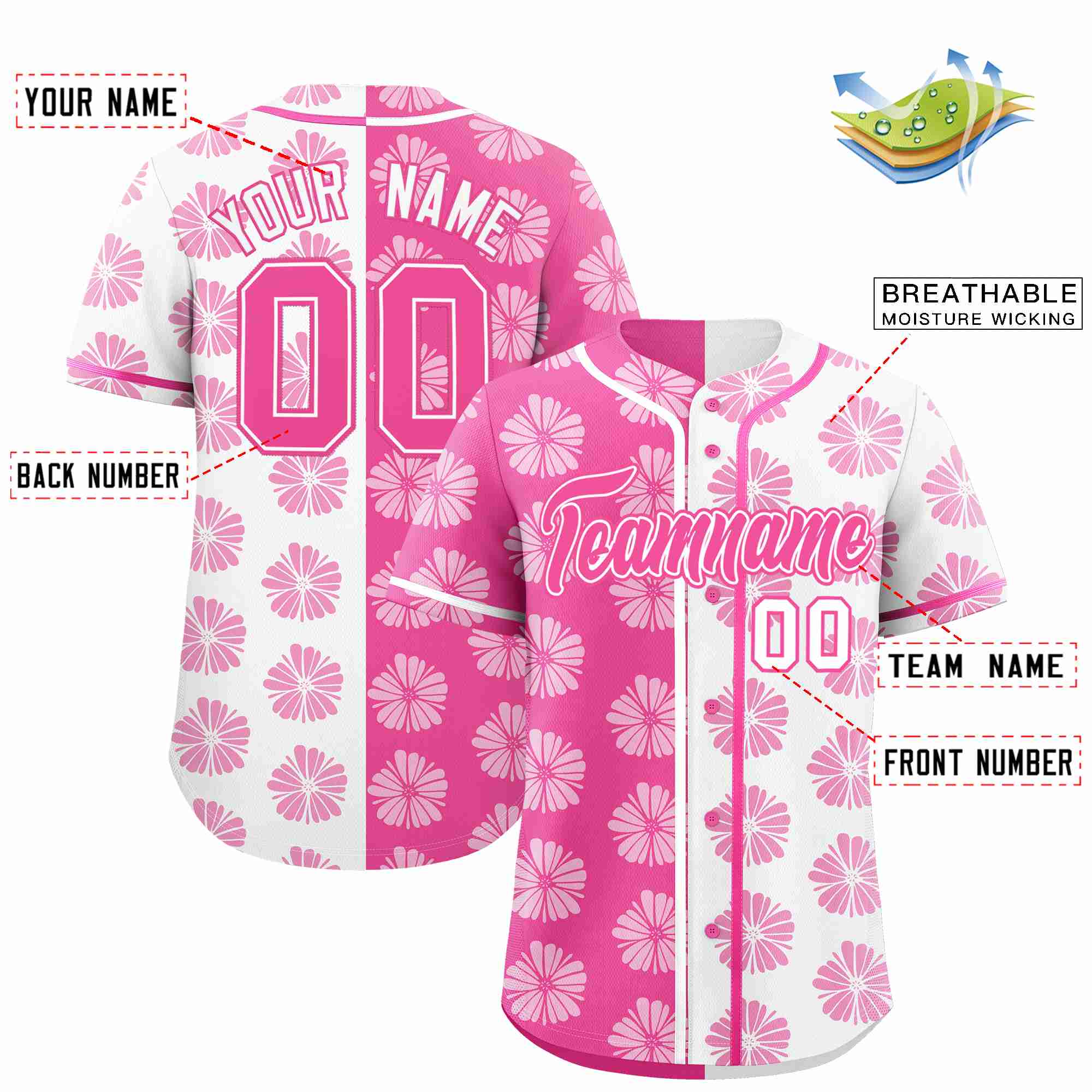 Custom Pink White Split Fashion Flower Graffiti Pattern Authentic Baseball Jersey