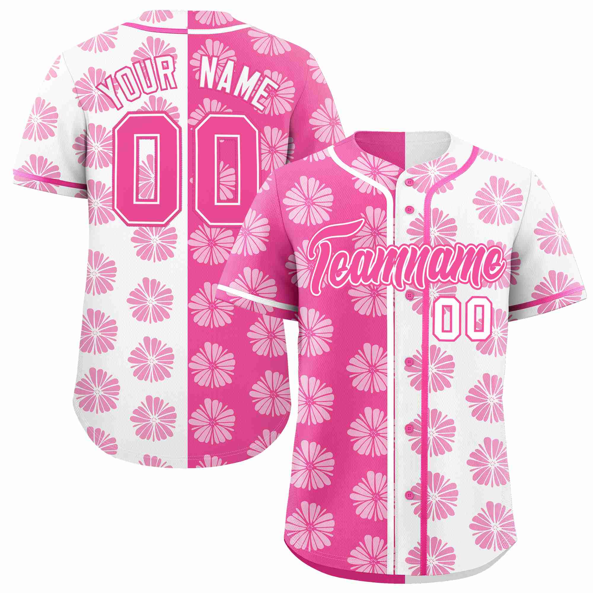 Custom Pink White Split Fashion Flower Graffiti Pattern Authentic Baseball Jersey