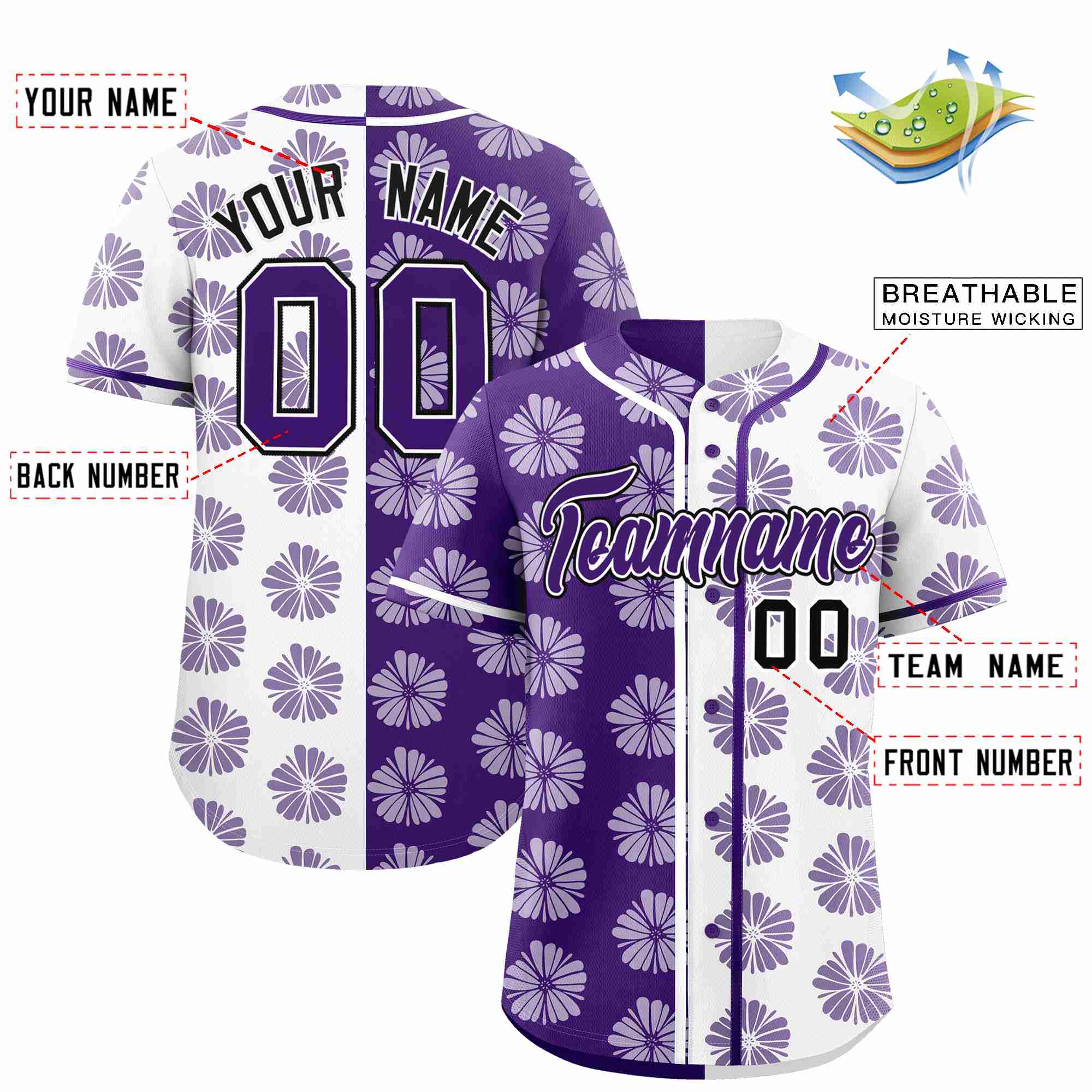 Custom Purple White Split Fashion Flower Graffiti Pattern Authentic Baseball Jersey