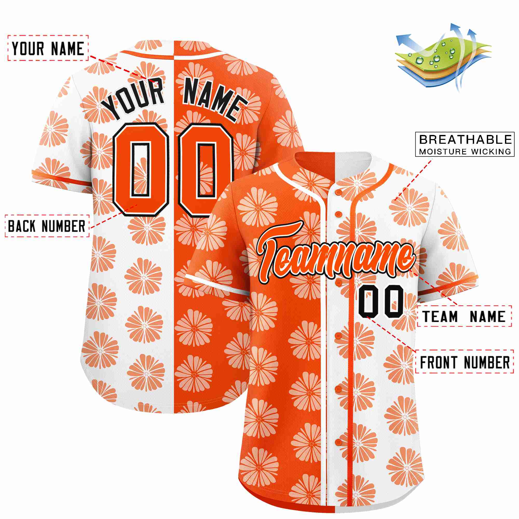 Custom Orange White Split Fashion Flower Graffiti Pattern Authentic Baseball Jersey