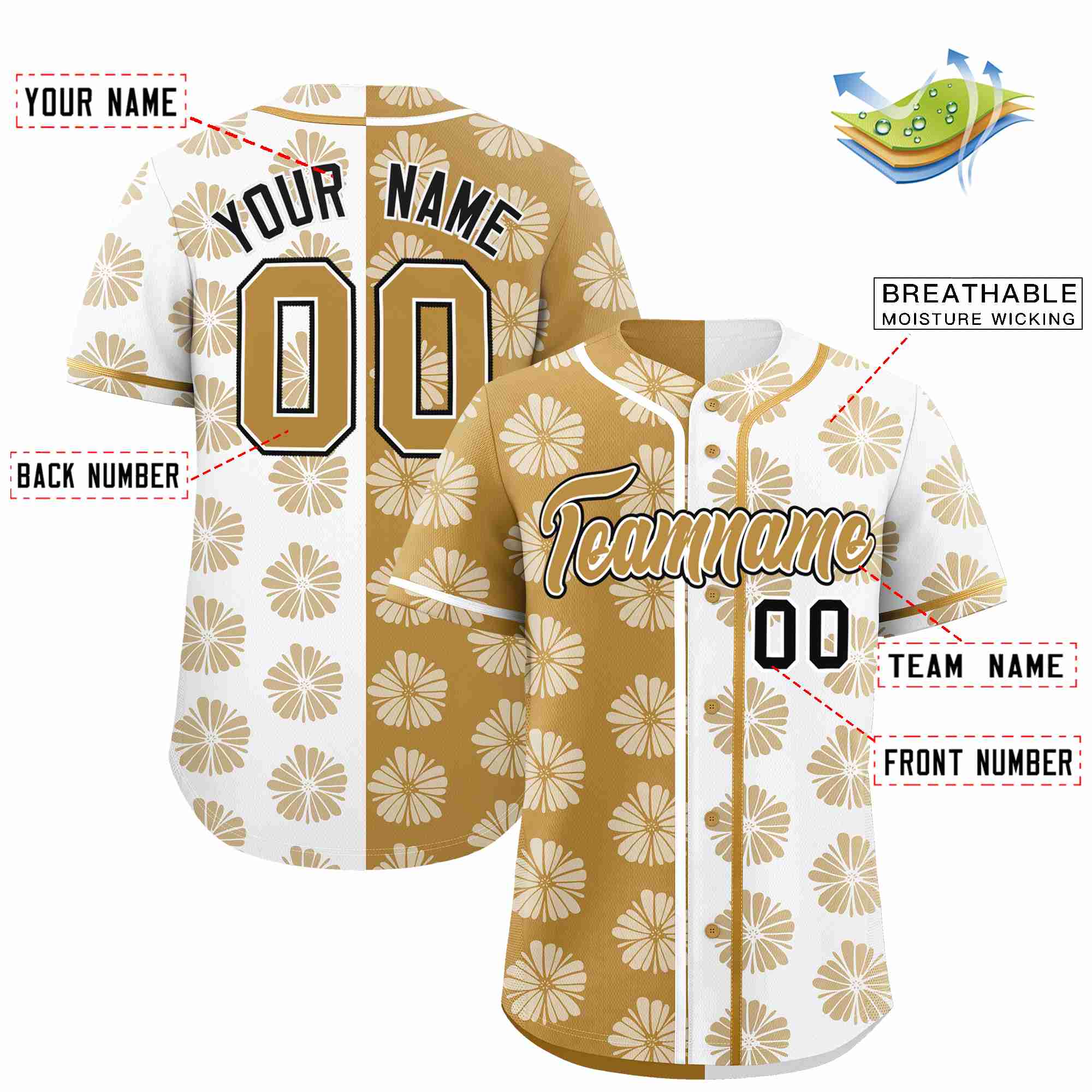 Custom Old Gold White Split Fashion Flower Graffiti Pattern Authentic Baseball Jersey