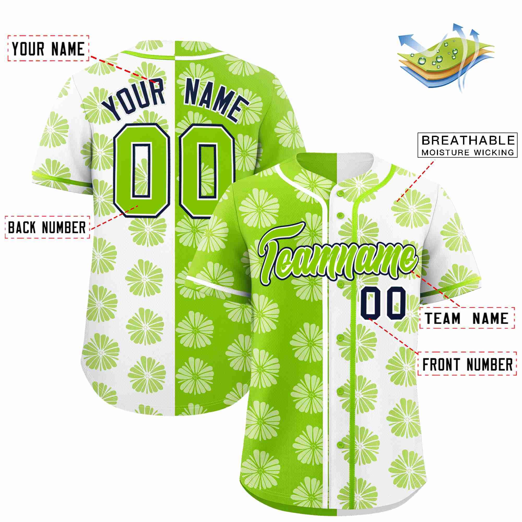 Custom Neon Green White Split Fashion Flower Graffiti Pattern Authentic Baseball Jersey