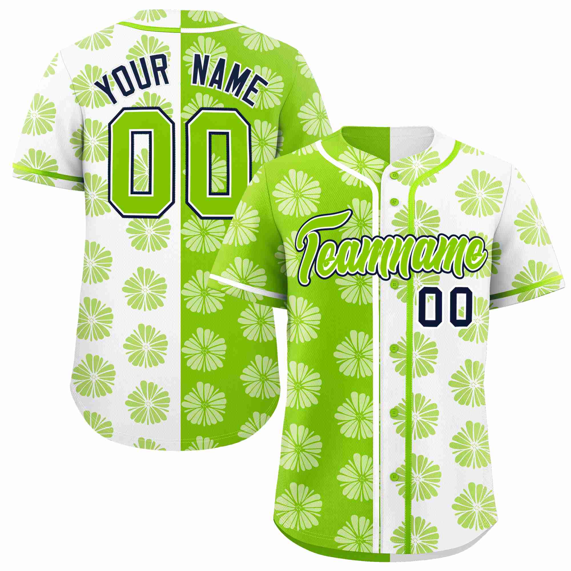 Custom Neon Green White Split Fashion Flower Graffiti Pattern Authentic Baseball Jersey