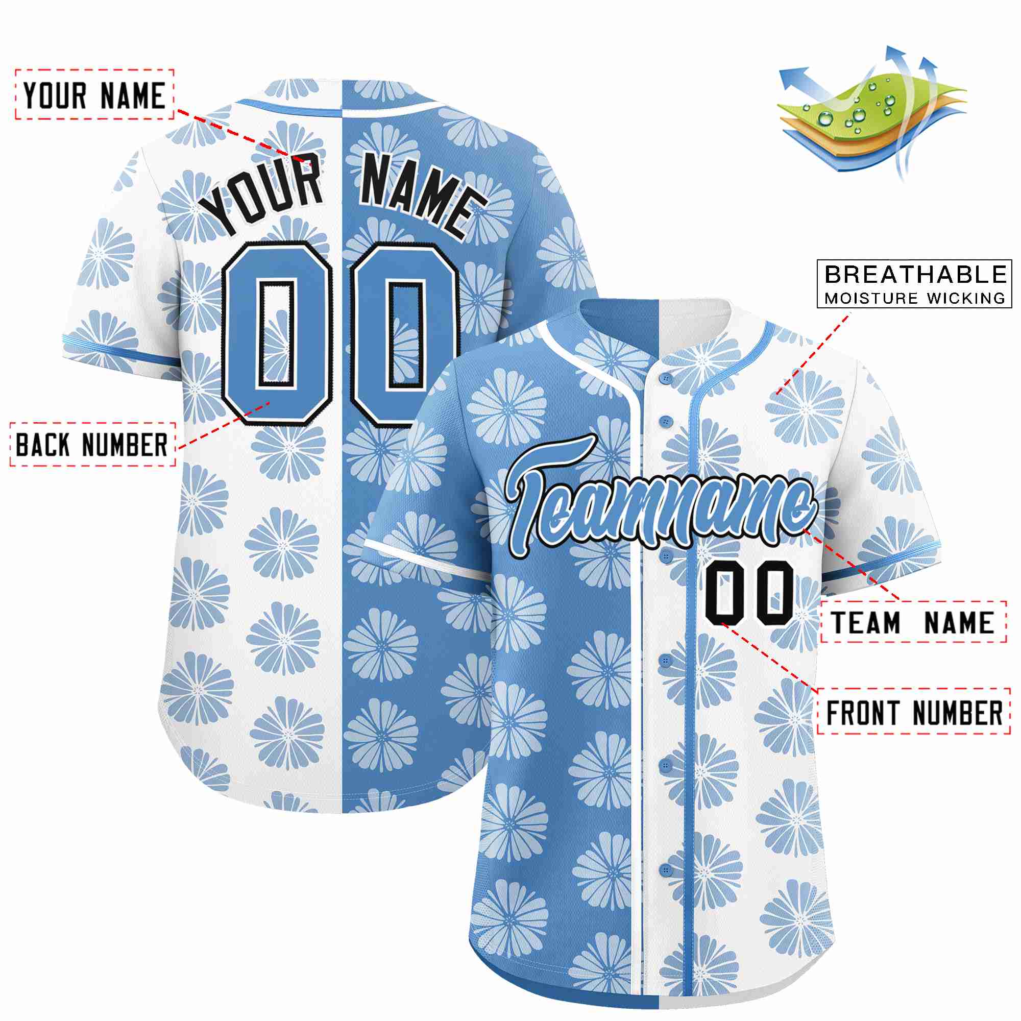 Custom Light Blue White Split Fashion Flower Graffiti Pattern Authentic Baseball Jersey