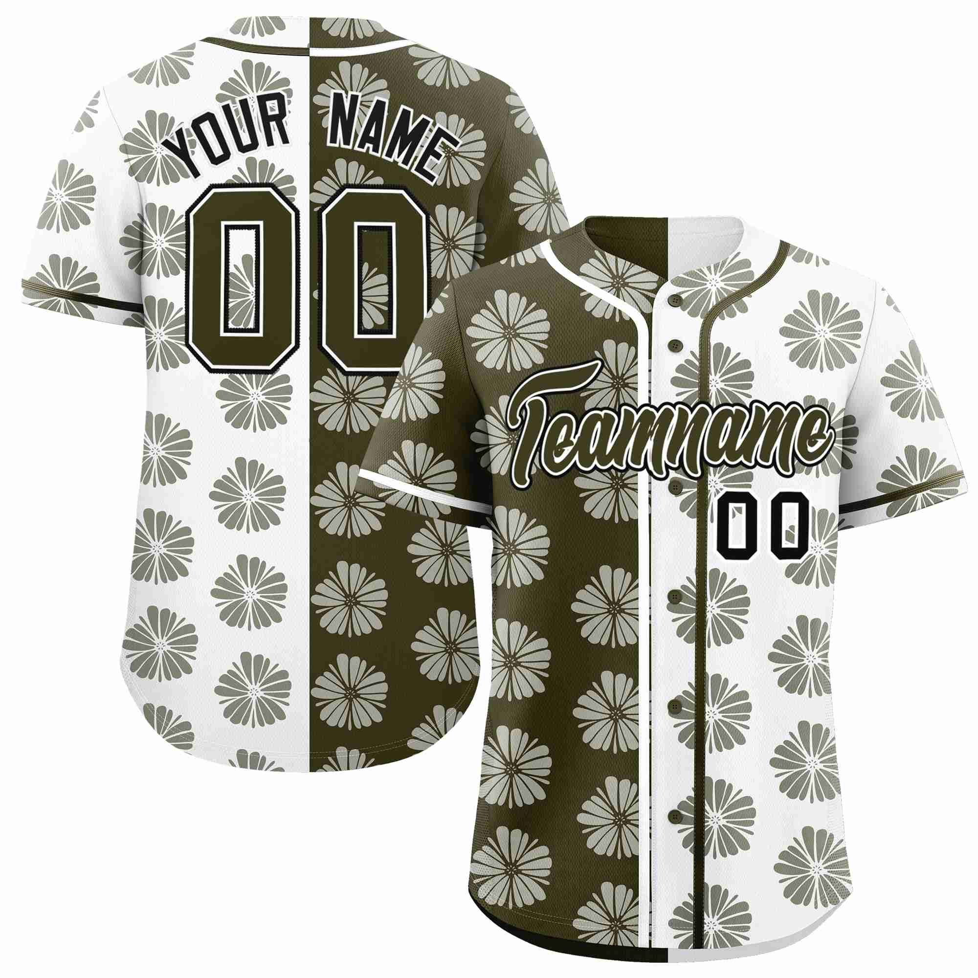 Custom Olive White Split Fashion Flower Graffiti Pattern Authentic Baseball Jersey