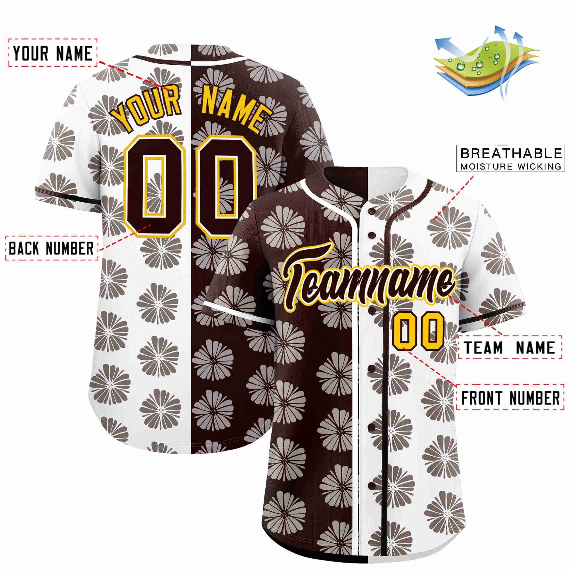 Custom Brown White Split Fashion Flower Graffiti Pattern Authentic Baseball Jersey