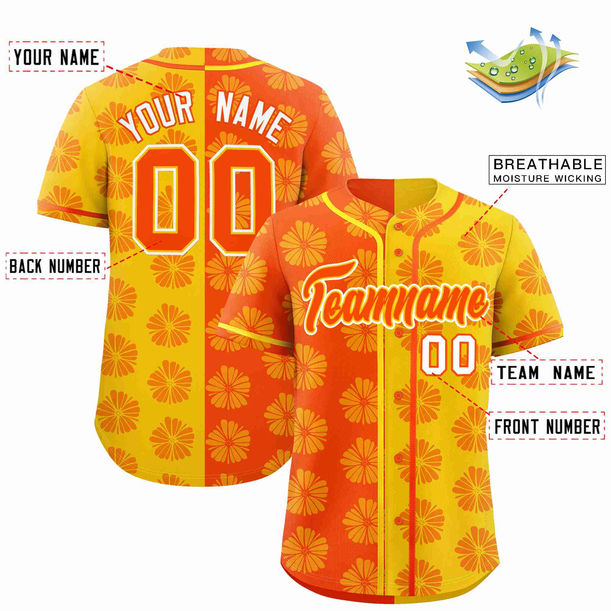 Custom Orange Gold Split Fashion Flower Graffiti Pattern Authentic Baseball Jersey