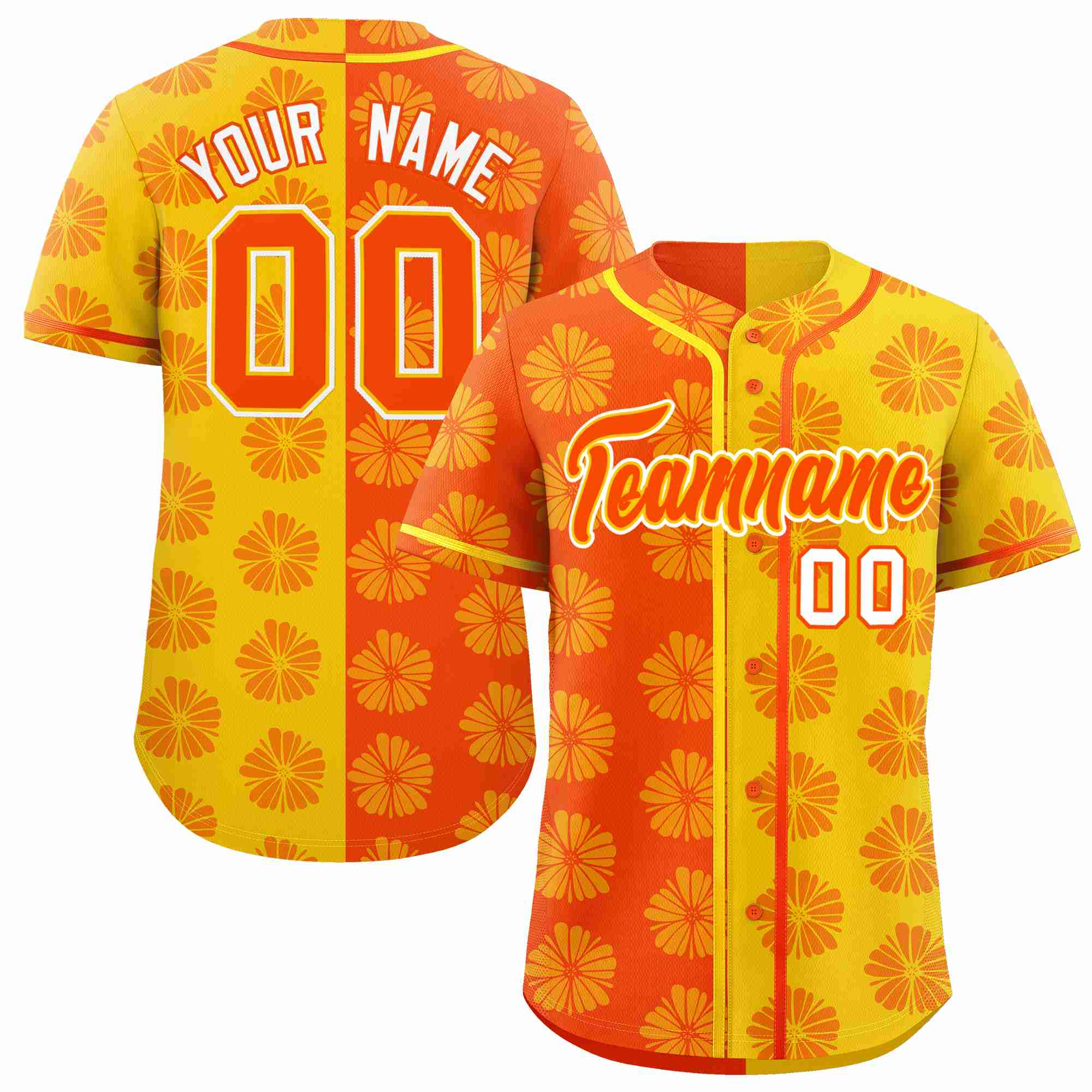 Custom Orange Gold Split Fashion Flower Graffiti Pattern Authentic Baseball Jersey