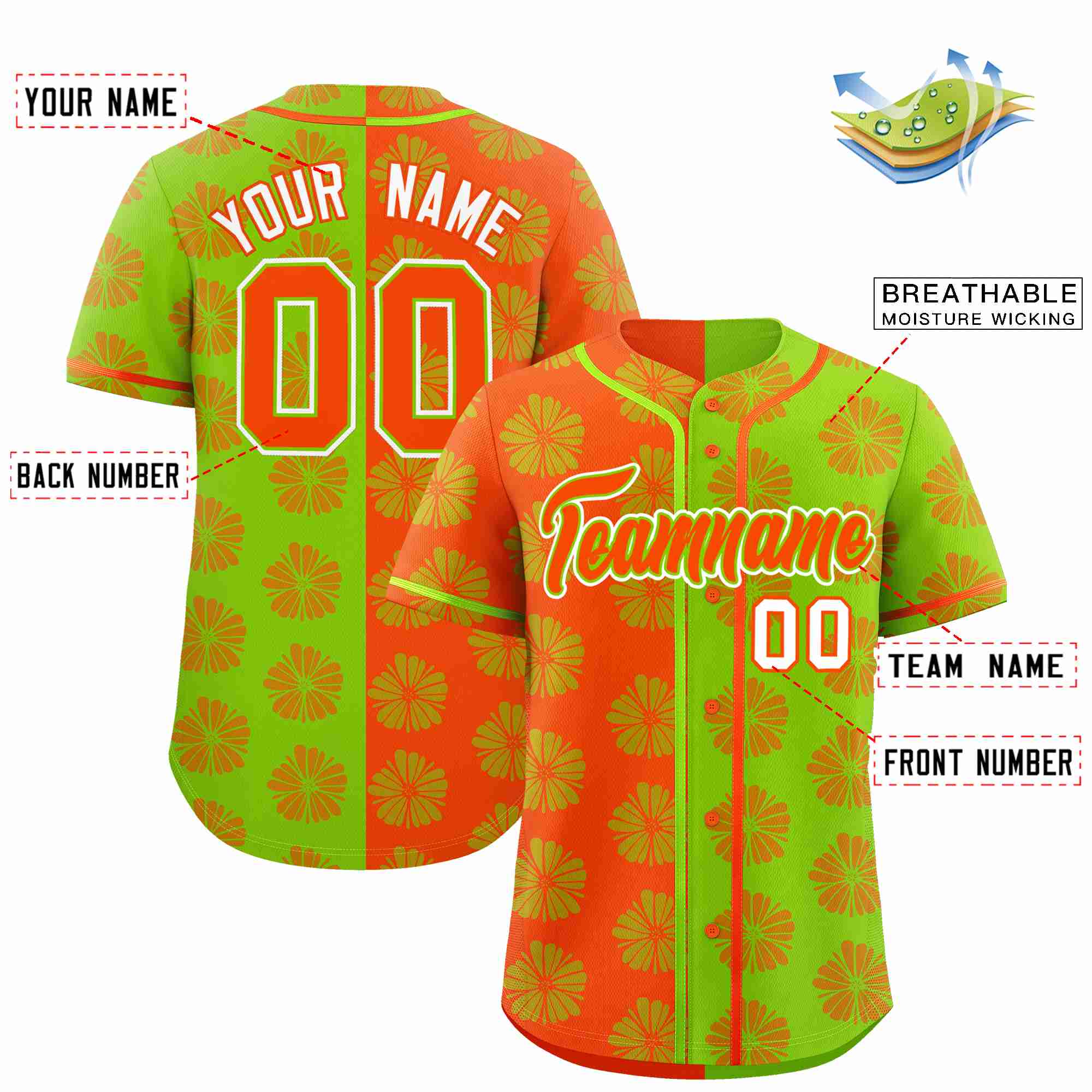 Custom Orange Neon Green Split Fashion Flower Graffiti Pattern Authentic Baseball Jersey