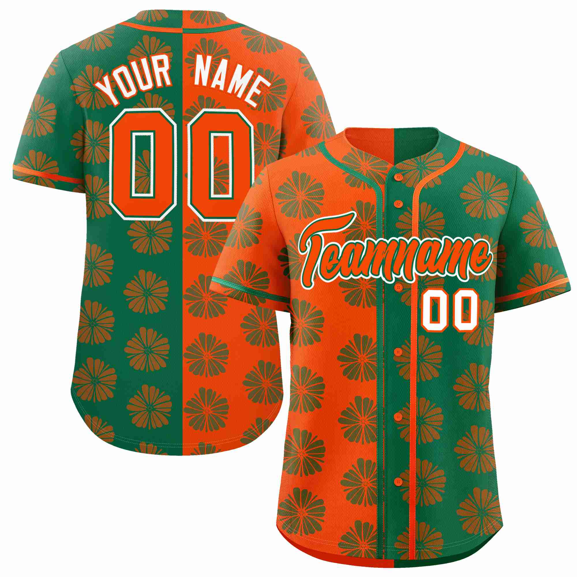 Custom Orange Kelly Green Split Fashion Flower Graffiti Pattern Authentic Baseball Jersey