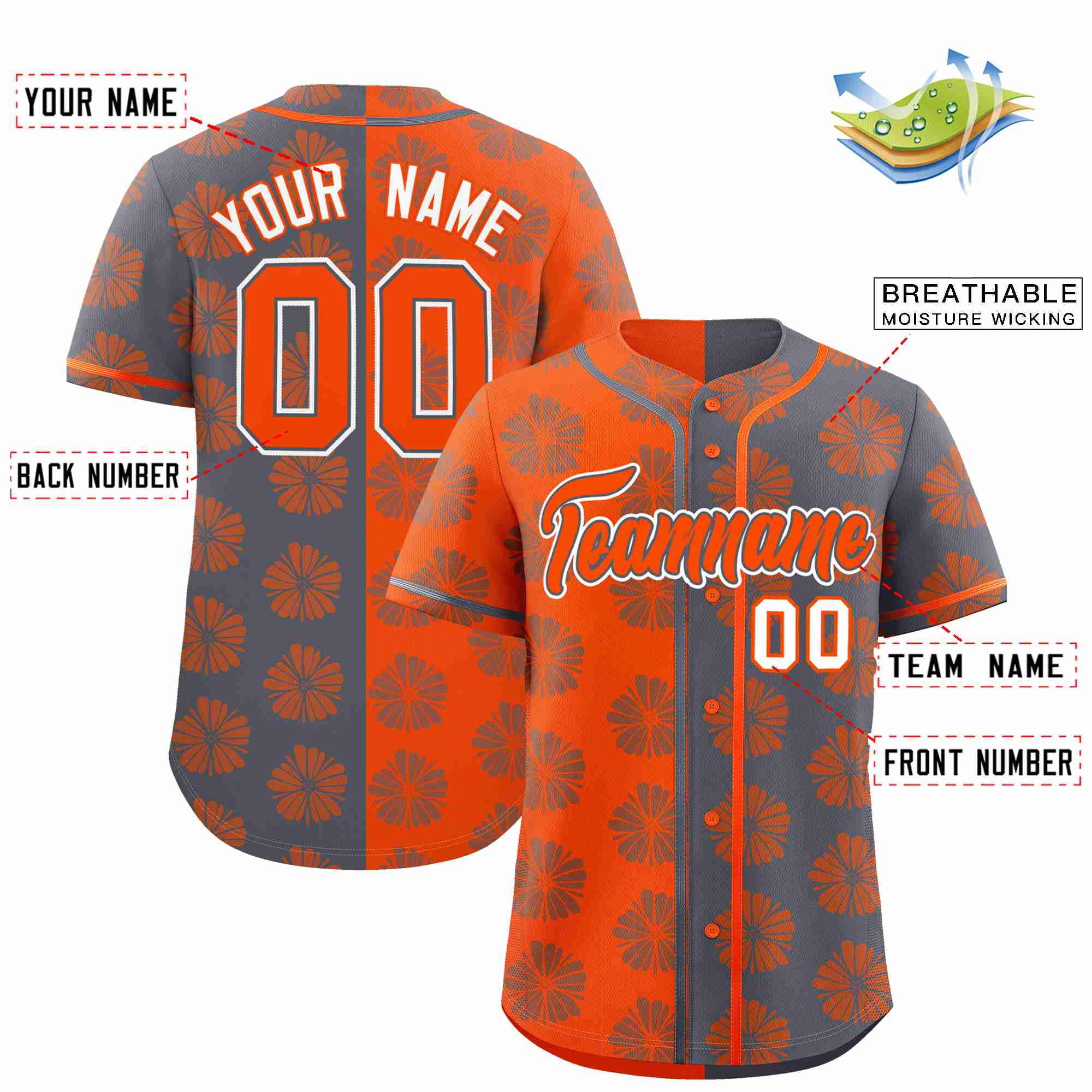 Custom Orange Dark Gray Split Fashion Flower Graffiti Pattern Authentic Baseball Jersey