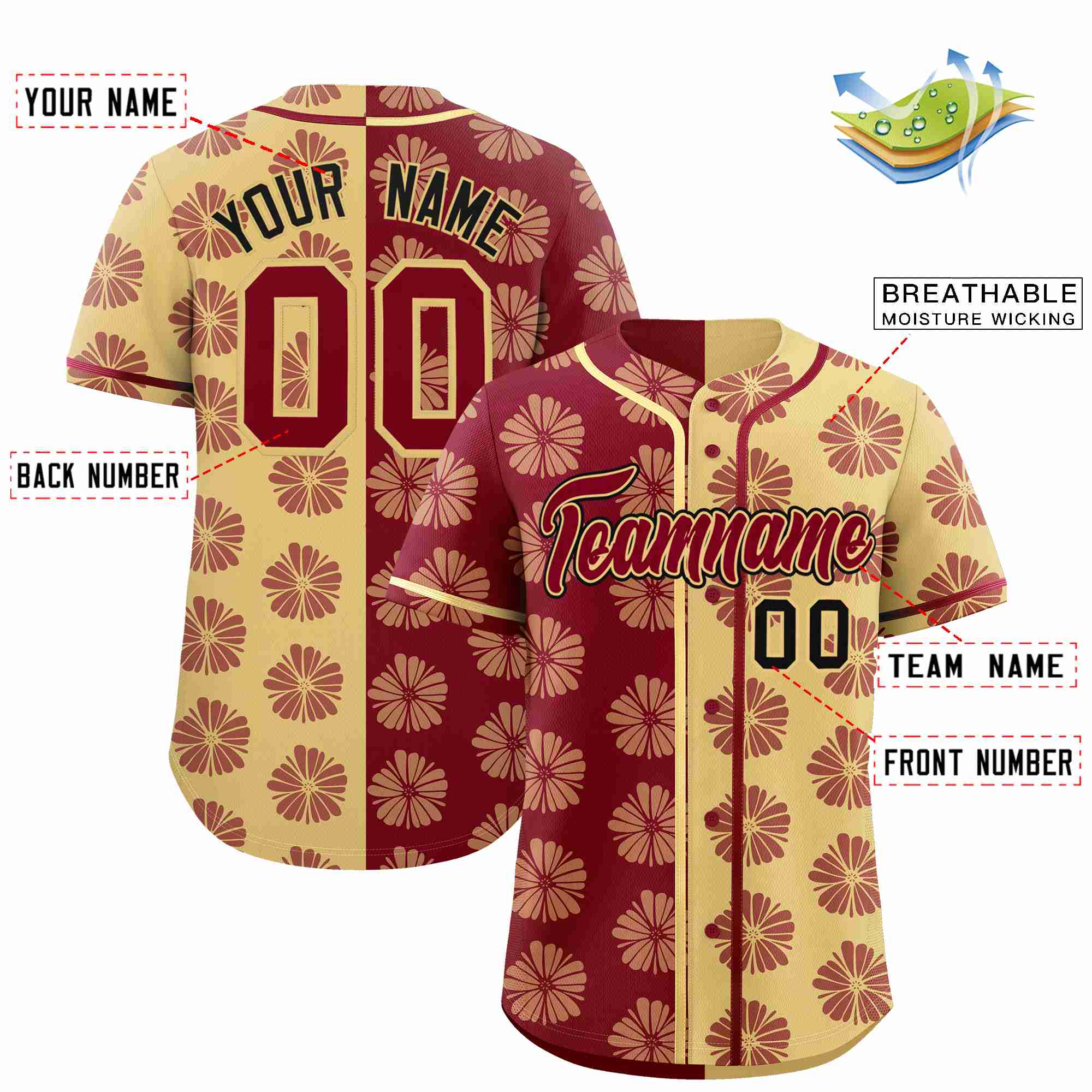 Custom Crimson Khaki Split Fashion Flower Graffiti Pattern Authentic Baseball Jersey