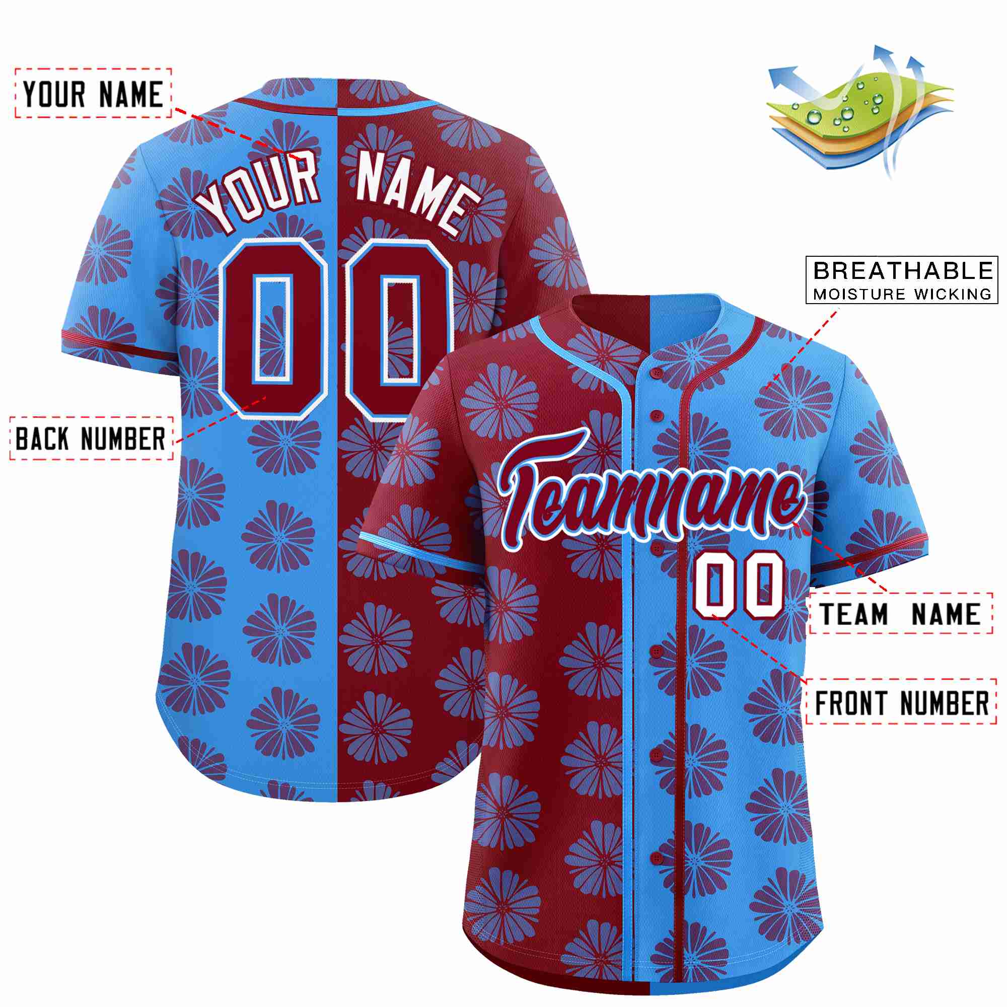 Custom Crimson Powder Blue Split Fashion Flower Graffiti Pattern Authentic Baseball Jersey