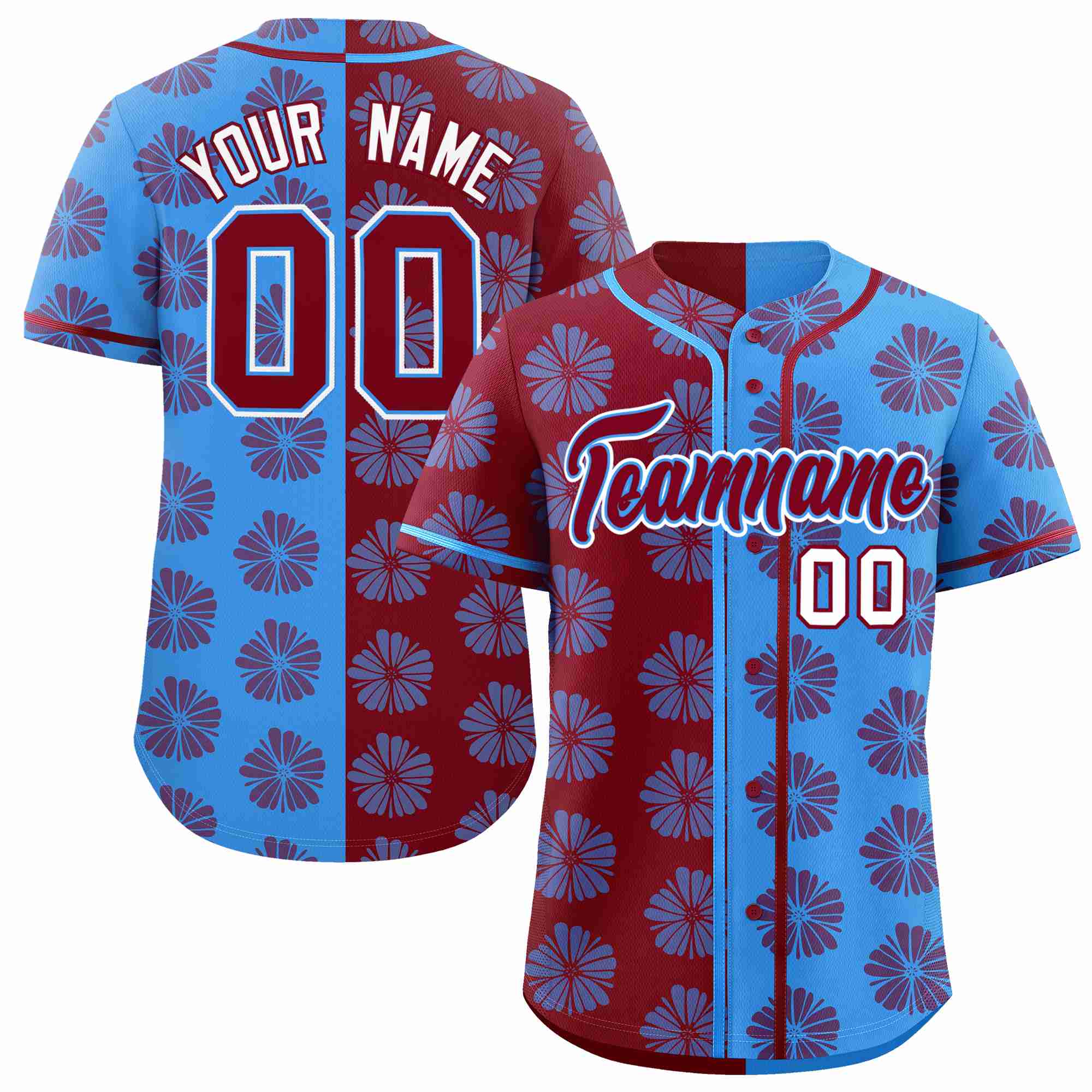 Custom Crimson Powder Blue Split Fashion Flower Graffiti Pattern Authentic Baseball Jersey