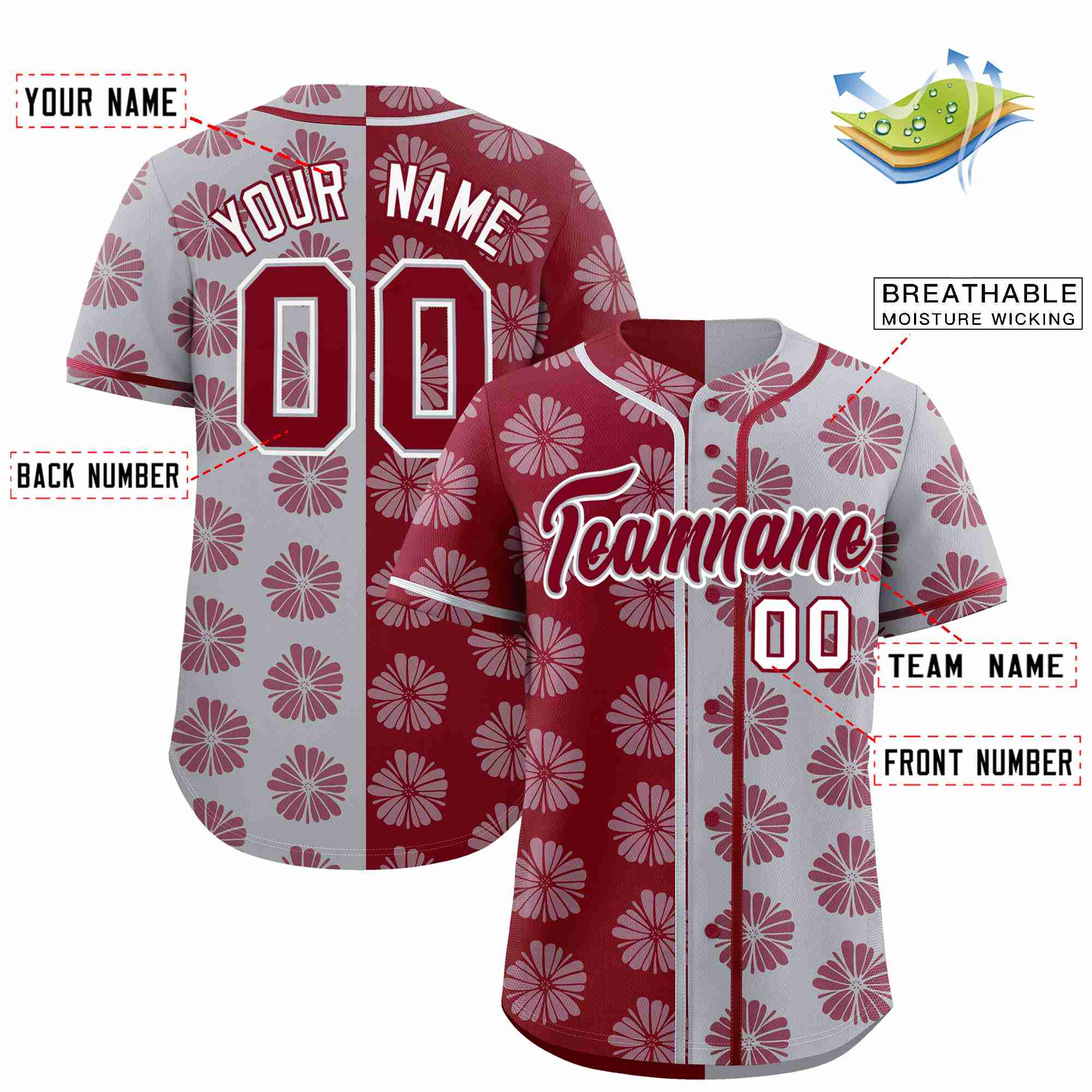 Custom Crimson Light Gray Split Fashion Flower Graffiti Pattern Authentic Baseball Jersey