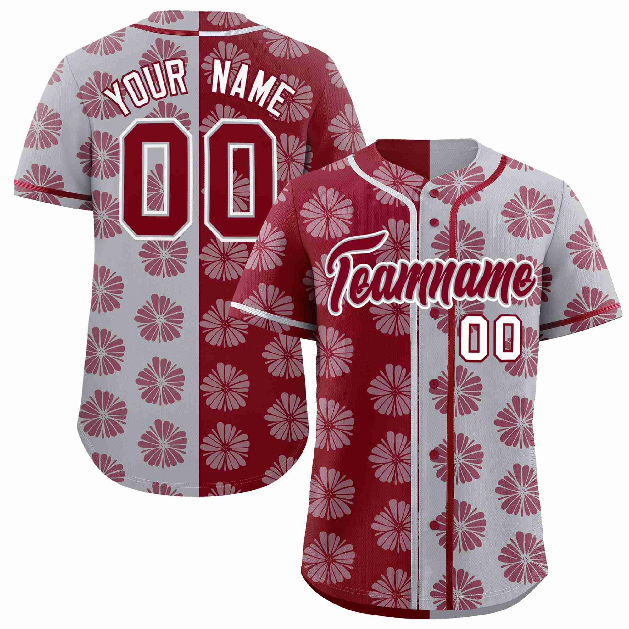 Custom Crimson Light Gray Split Fashion Flower Graffiti Pattern Authentic Baseball Jersey