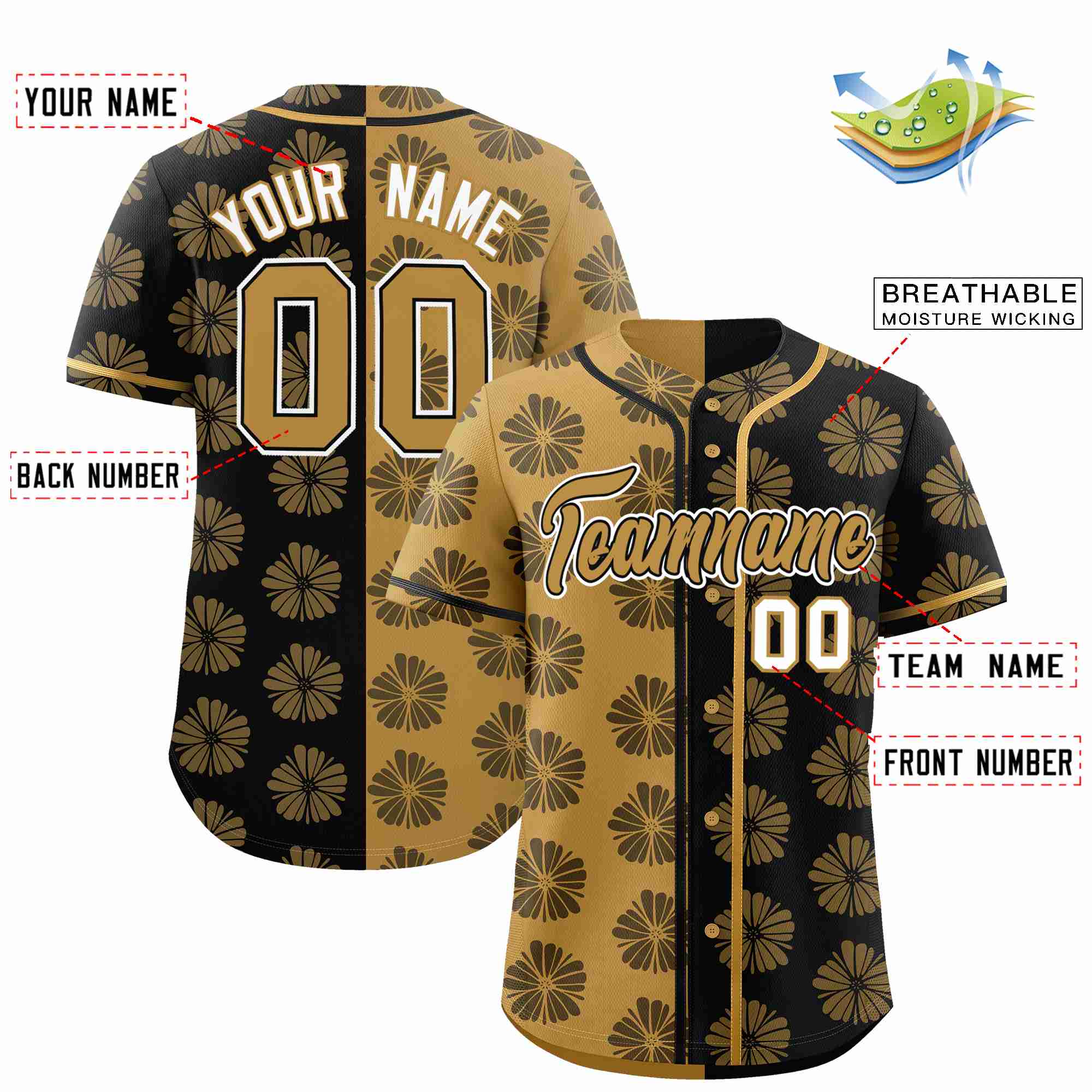 Custom Old Gold Black Split Fashion Flower Graffiti Pattern Authentic Baseball Jersey