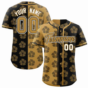 Custom Old Gold Black Split Fashion Flower Graffiti Pattern Authentic Baseball Jersey