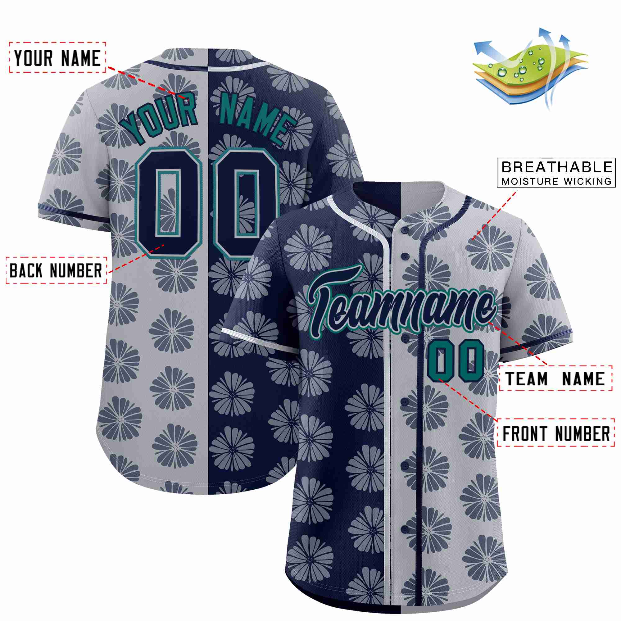 Custom Navy Light Gray Split Fashion Flower Graffiti Pattern Authentic Baseball Jersey