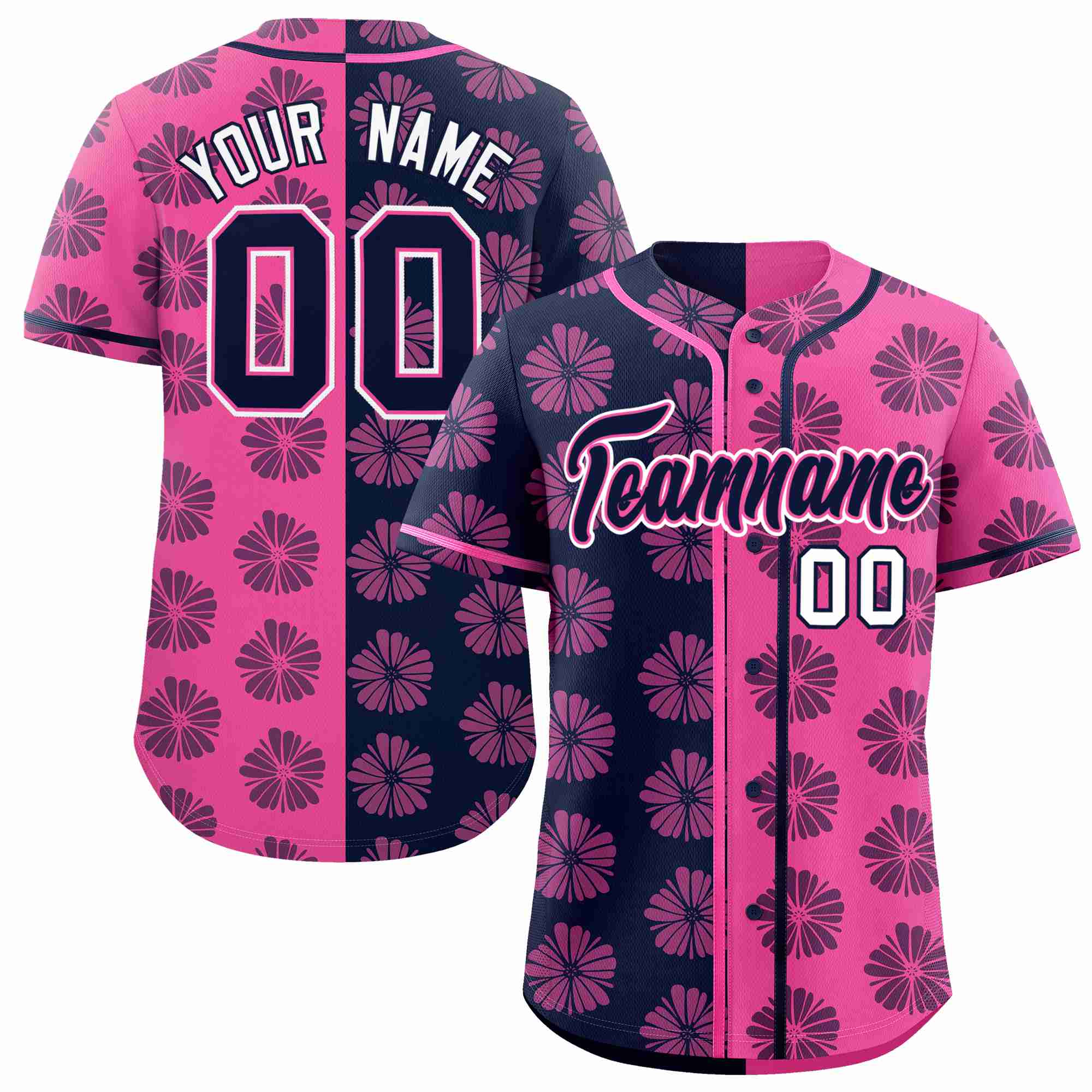 Custom Navy Pink Split Fashion Flower Graffiti Pattern Authentic Baseball Jersey