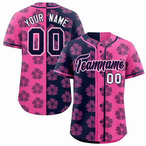 Custom Navy Pink Split Fashion Flower Graffiti Pattern Authentic Baseball Jersey