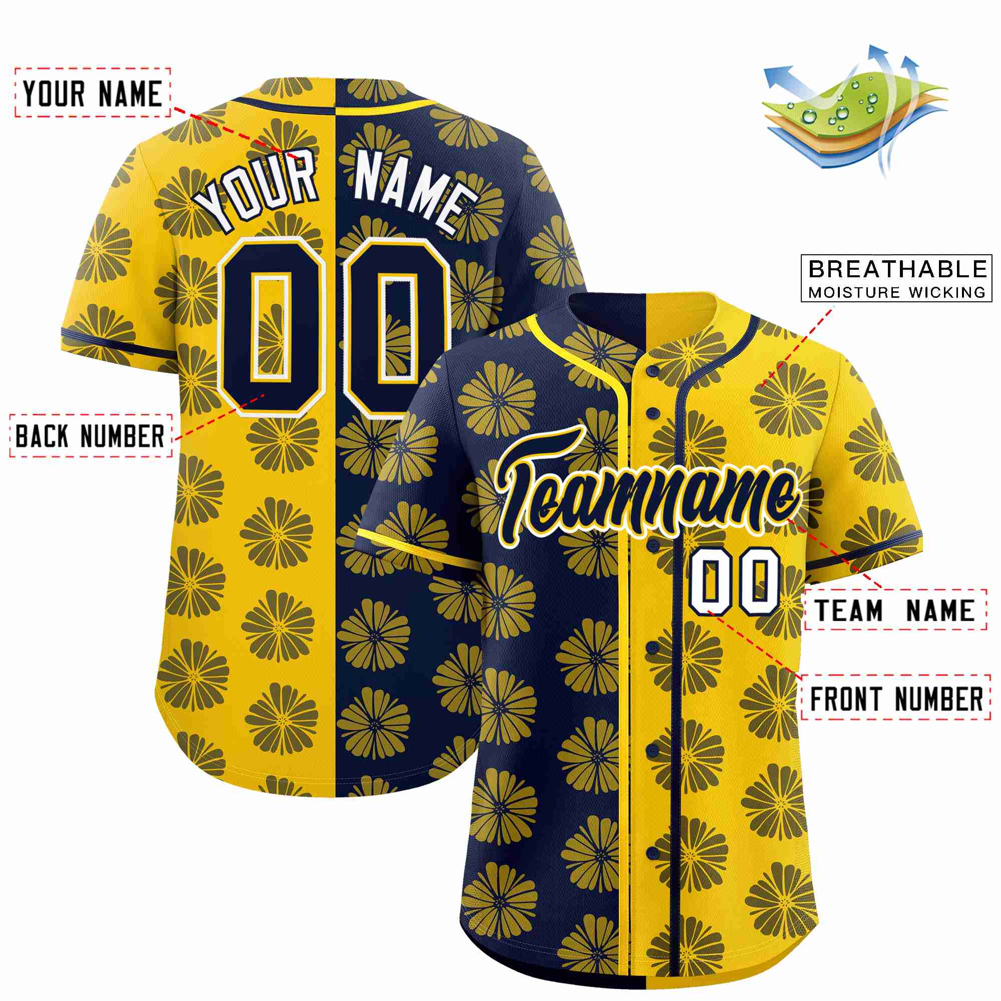 Custom Navy Gold Split Fashion Flower Graffiti Pattern Authentic Baseball Jersey