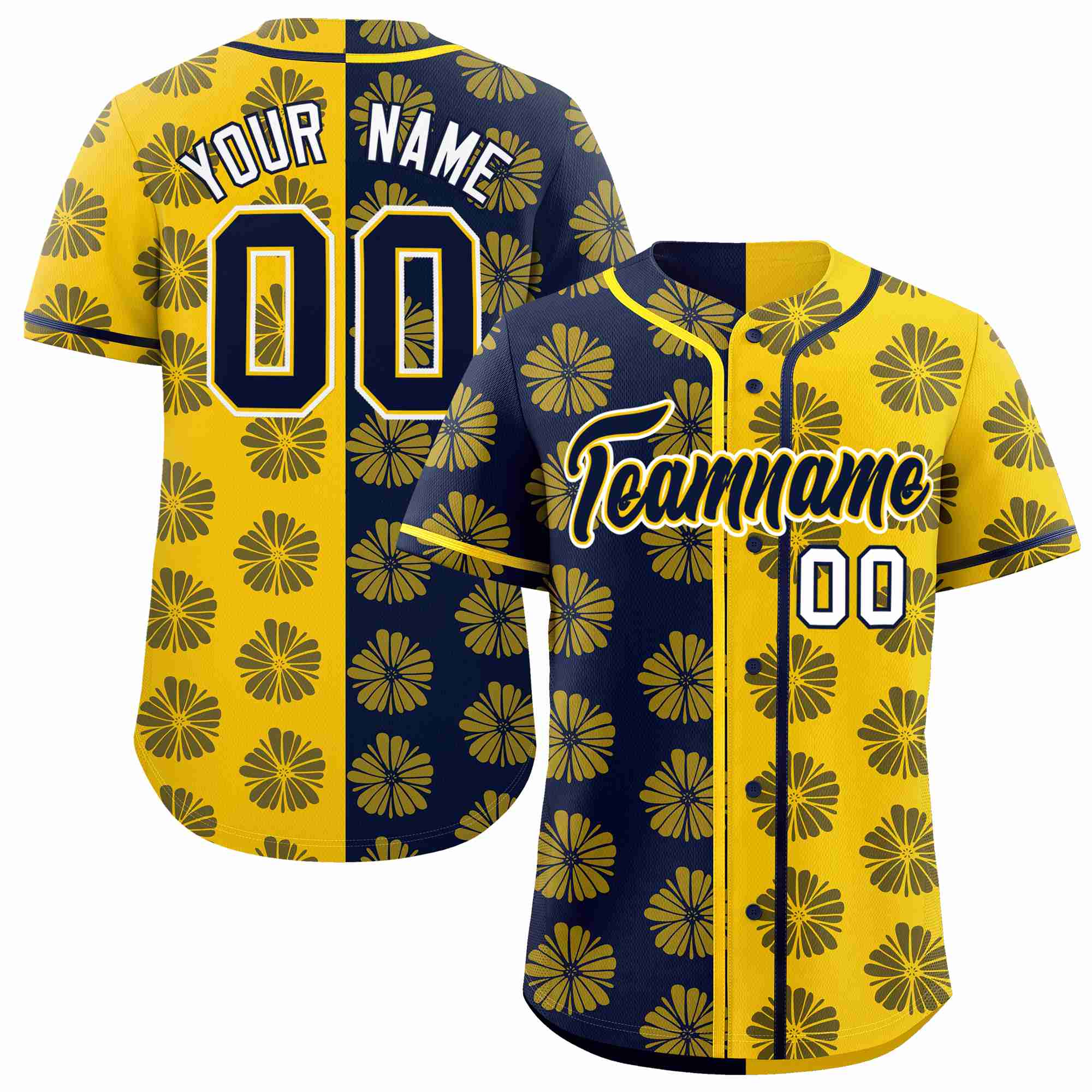 Custom Navy Gold Split Fashion Flower Graffiti Pattern Authentic Baseball Jersey