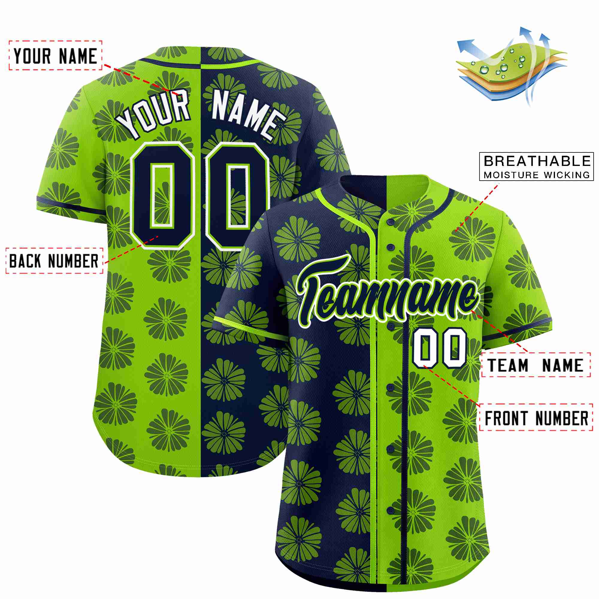 Custom Navy Neon Green Split Fashion Flower Graffiti Pattern Authentic Baseball Jersey