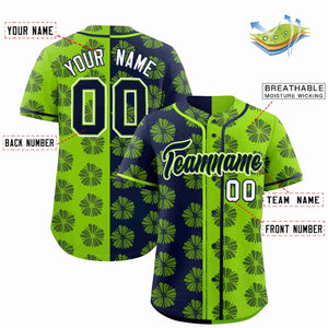 Custom Navy Neon Green Split Fashion Flower Graffiti Pattern Authentic Baseball Jersey