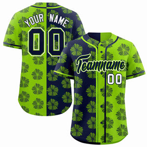 Custom Navy Neon Green Split Fashion Flower Graffiti Pattern Authentic Baseball Jersey