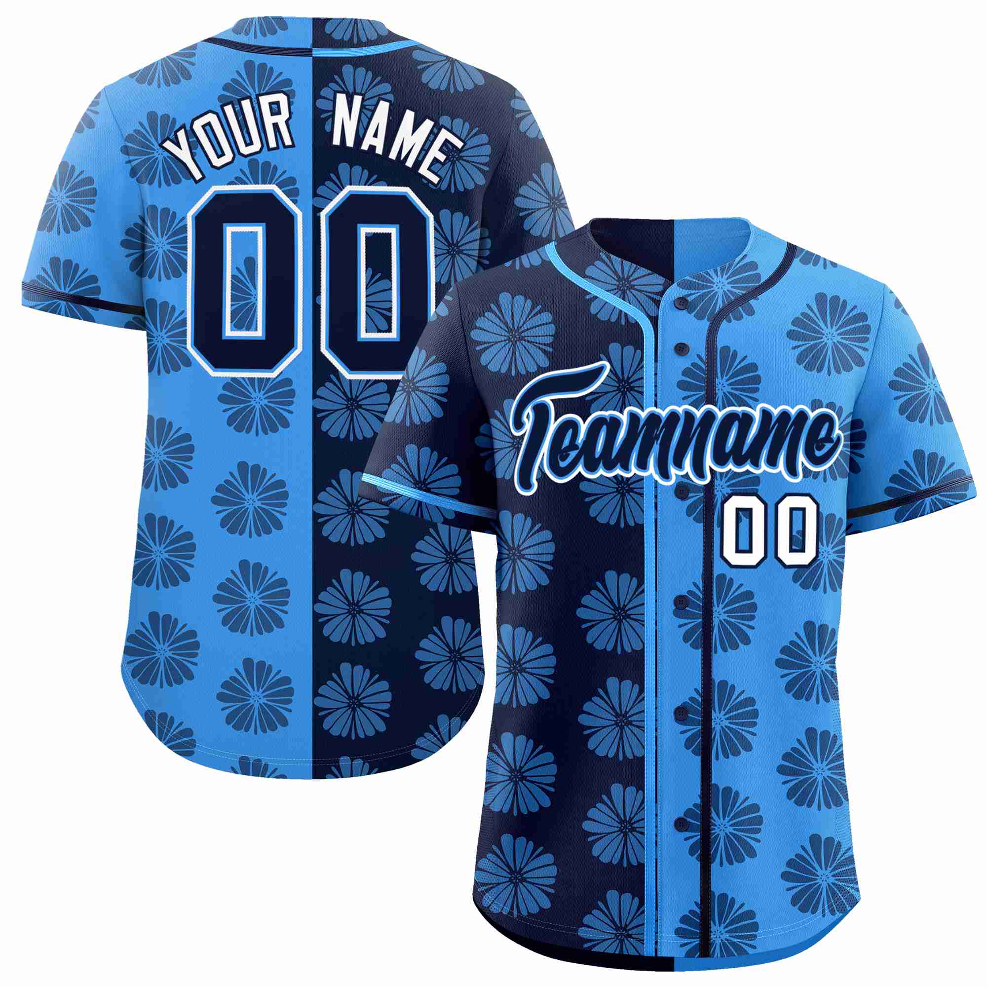 Custom Navy Powder Blue Split Fashion Flower Graffiti Pattern Authentic Baseball Jersey