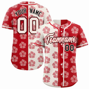 Custom Cream Red Split Fashion Flower Graffiti Pattern Authentic Baseball Jersey