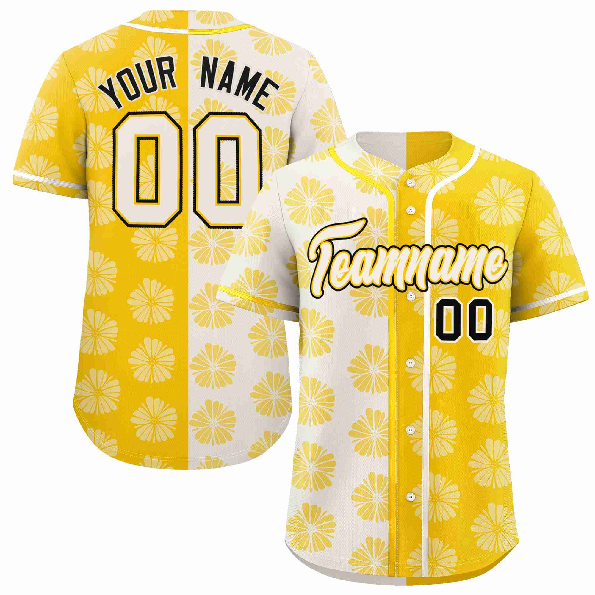 Custom Cream Gold Split Fashion Flower Graffiti Pattern Authentic Baseball Jersey