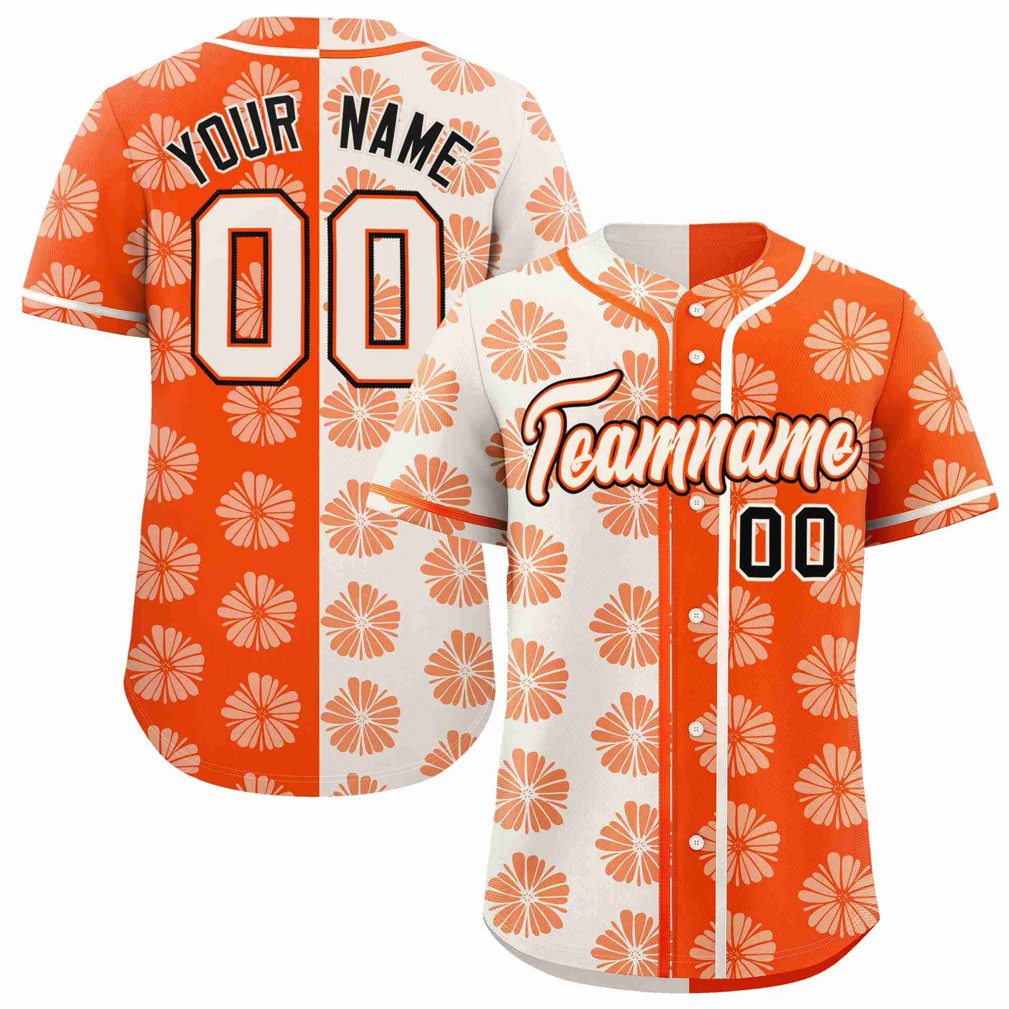 Custom Cream Orange Split Fashion Flower Graffiti Pattern Authentic Baseball Jersey