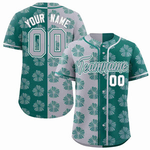 Custom Light Gray Aqua Split Fashion Flower Graffiti Pattern Authentic Baseball Jersey