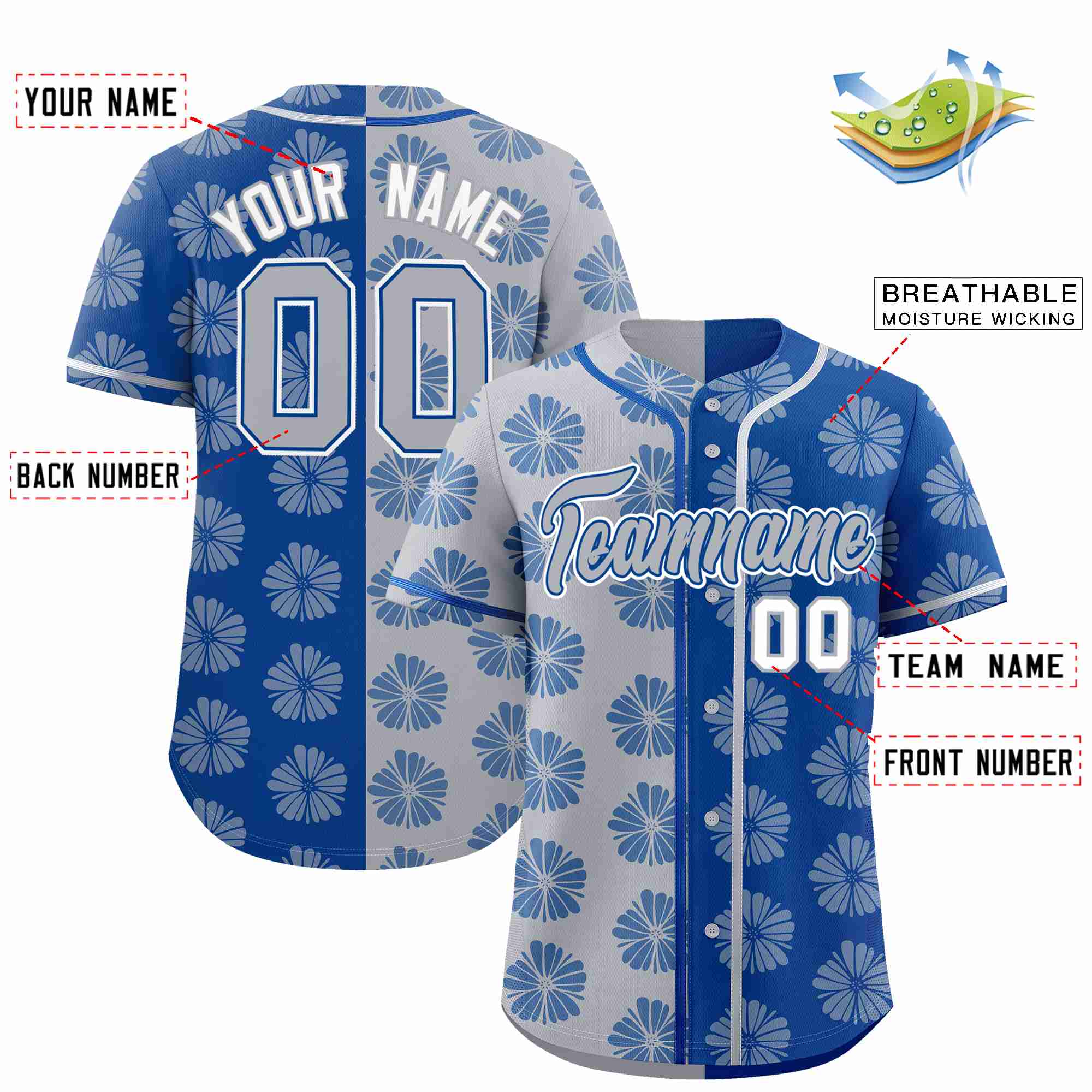 Custom Light Gray Royal Split Fashion Flower Graffiti Pattern Authentic Baseball Jersey