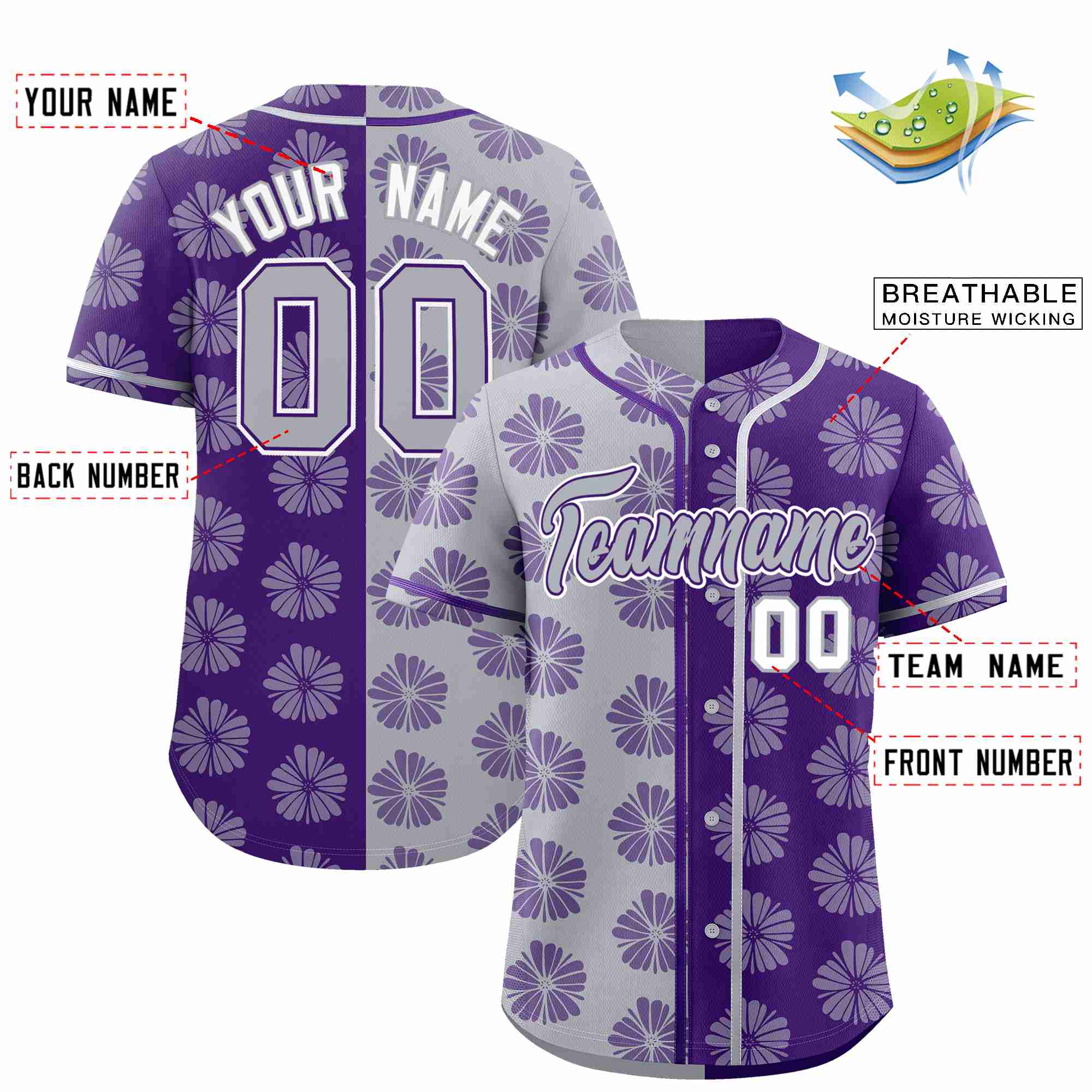 Custom Light Gray Purple Split Fashion Flower Graffiti Pattern Authentic Baseball Jersey