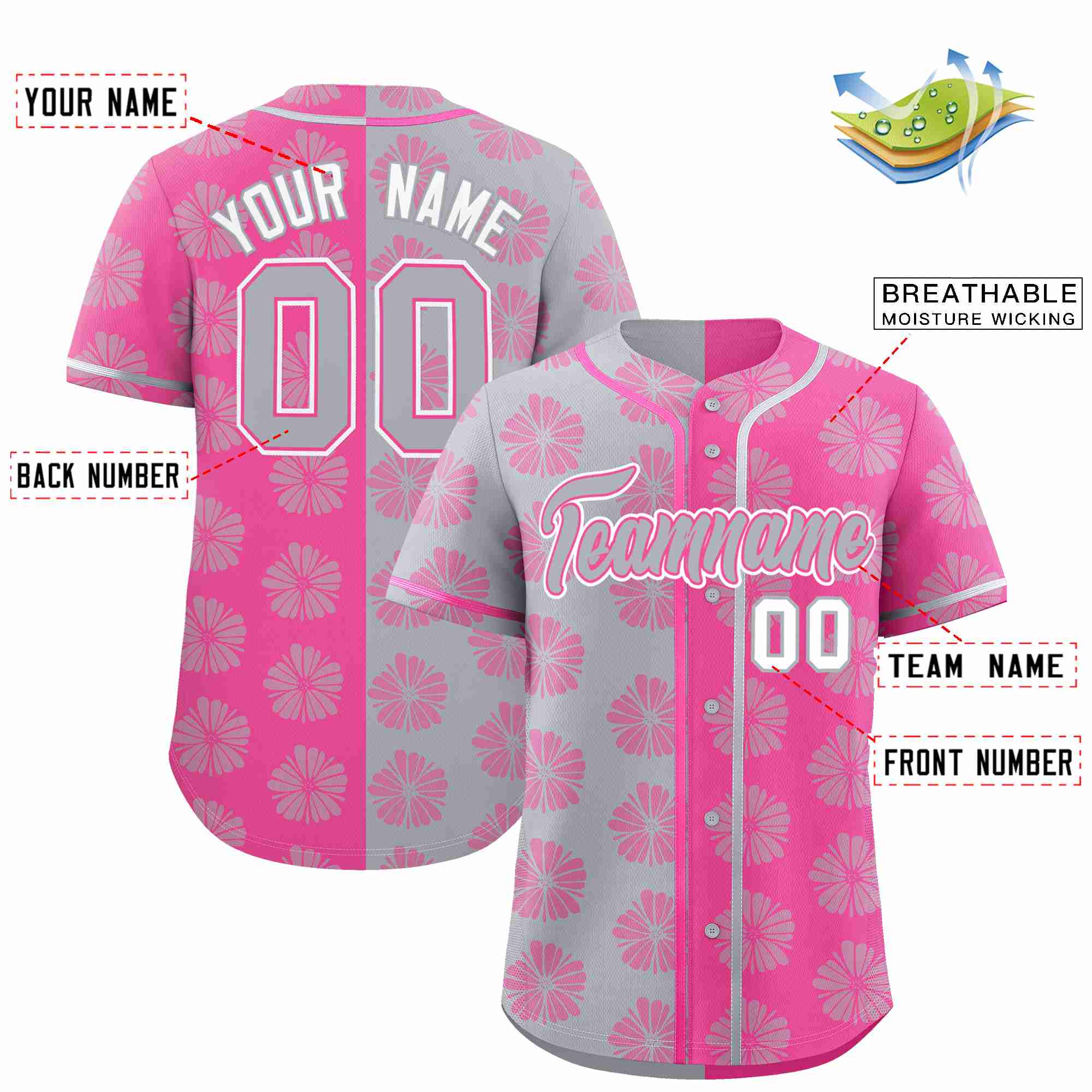 Custom Light Gray Pink Split Fashion Flower Graffiti Pattern Authentic Baseball Jersey