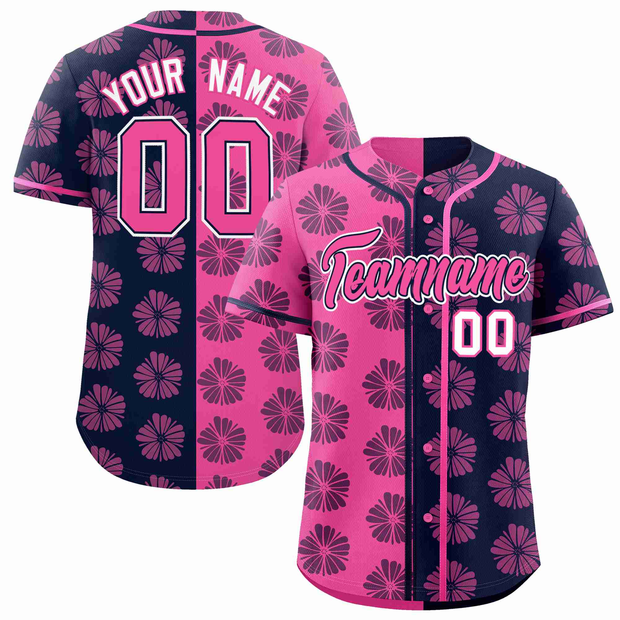 Custom Pink Navy Split Fashion Flower Graffiti Pattern Authentic Baseball Jersey